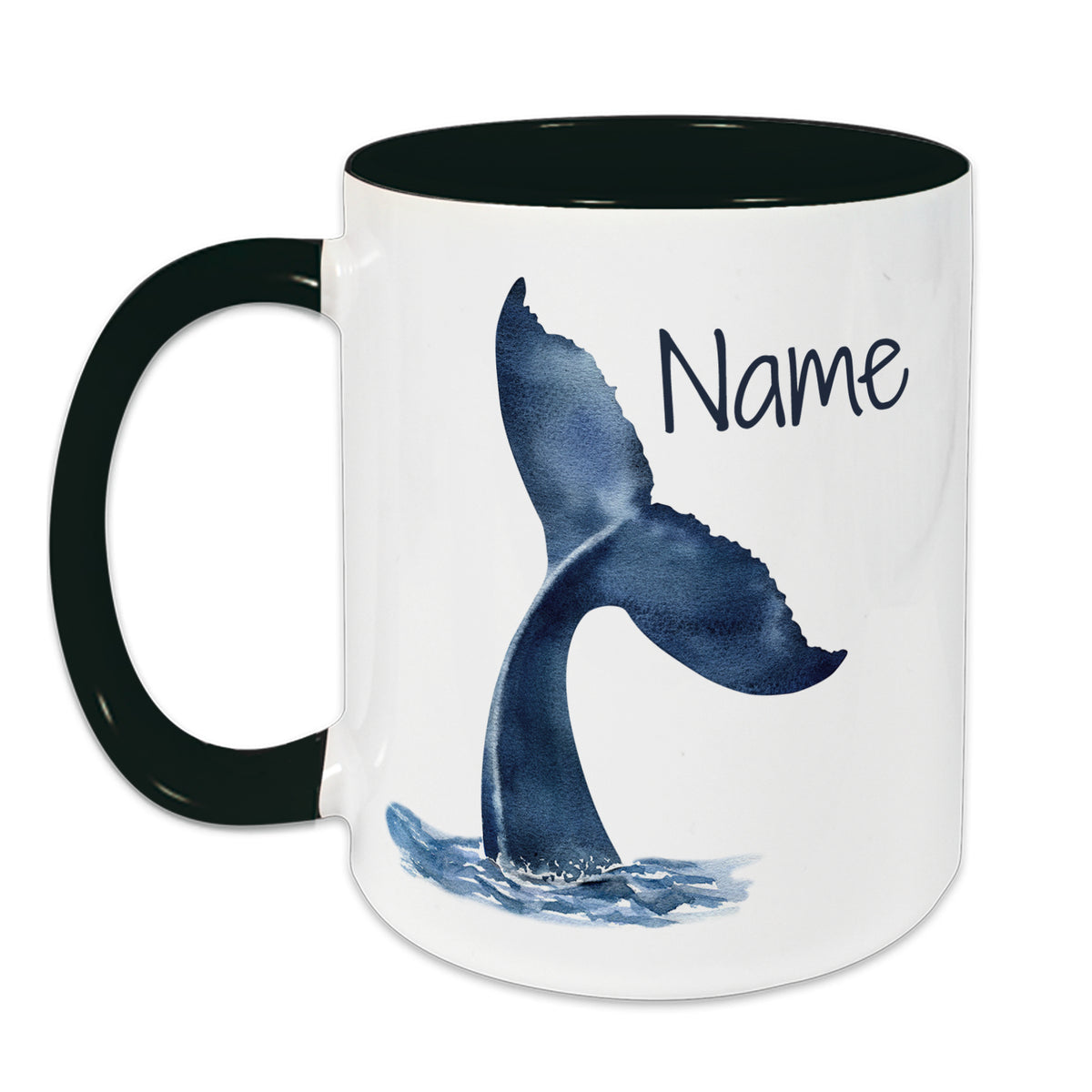 Tasse mit blauer Walflosse und personalisiertem Namen.
