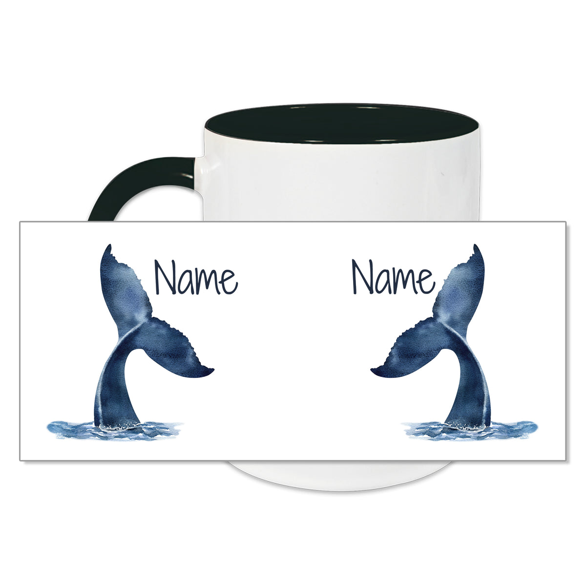 Tasse mit blauen Walfischflossen und personalisierbarem Text.
