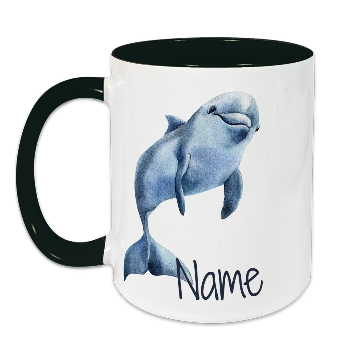 Tasse mit blauer Wal-Illustration und personalisiertem Namen.