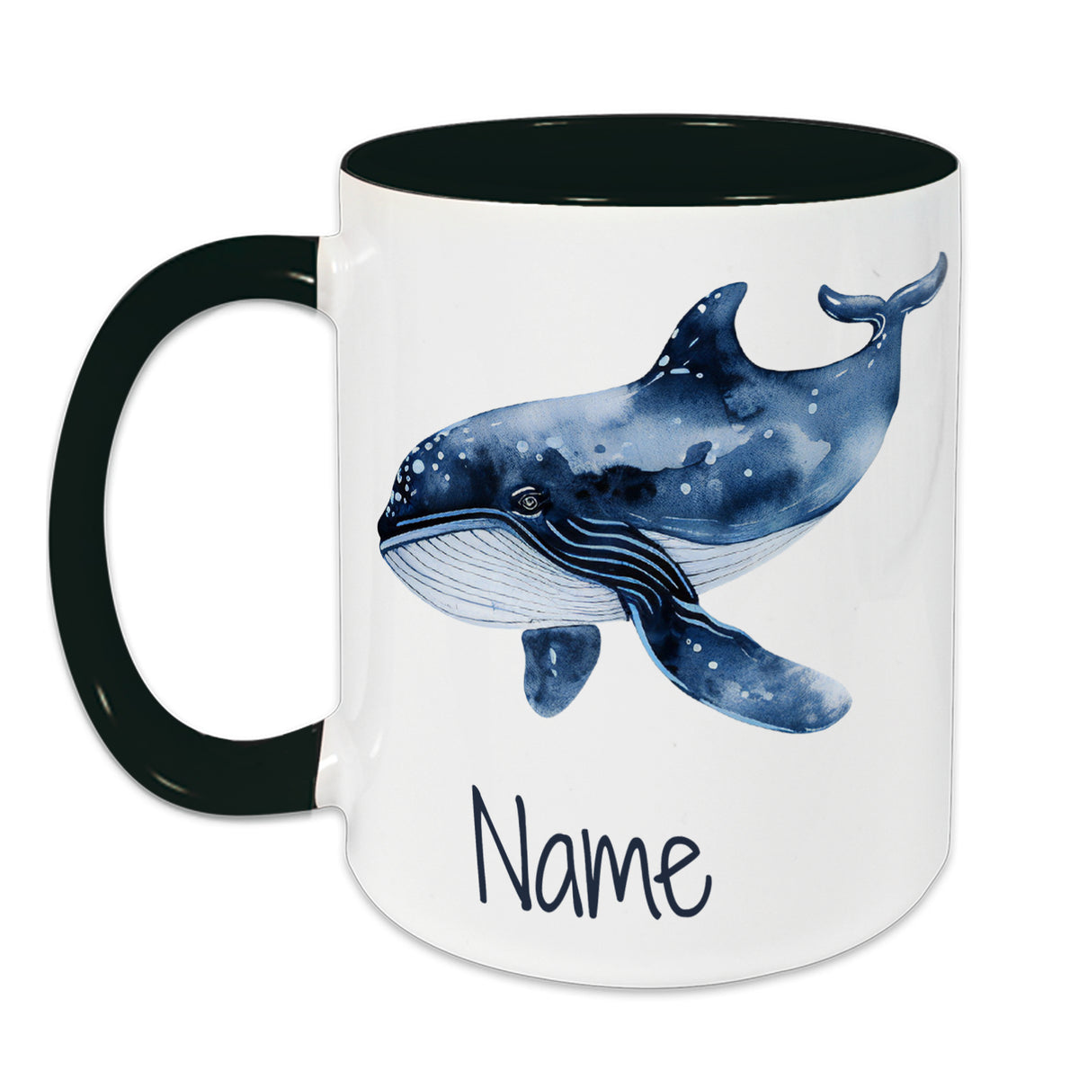 Tasse mit blauer Wal-Illustration und personalisierbarem Namen.