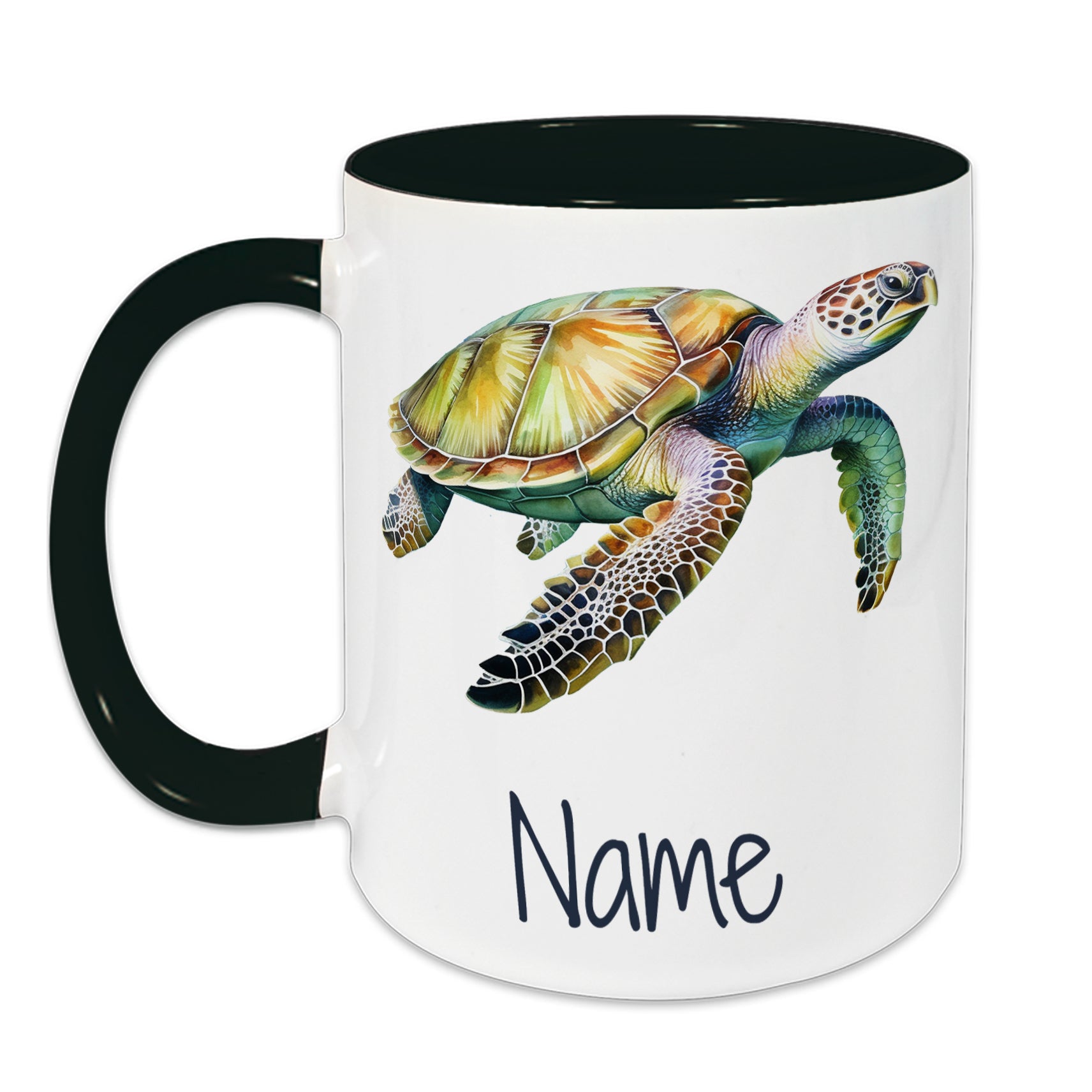 Tasse mit grüner Henkel, Meeresschildkröte und personalisierbarem Namen.
