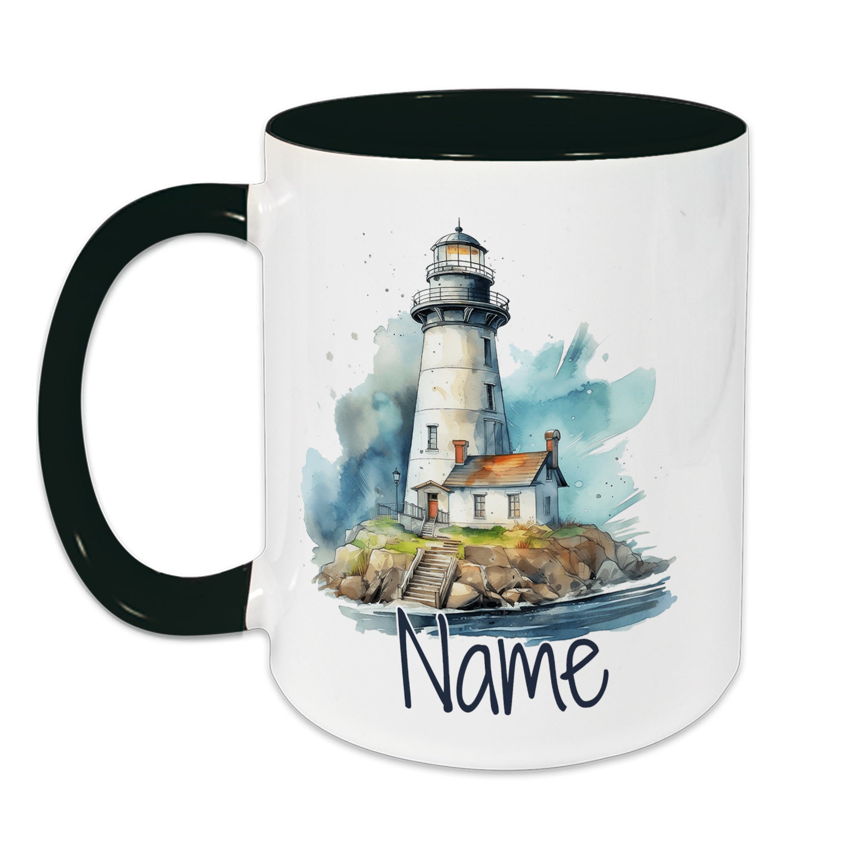 Tasse mit Leuchtturm-Motiv und grünem Henkel.