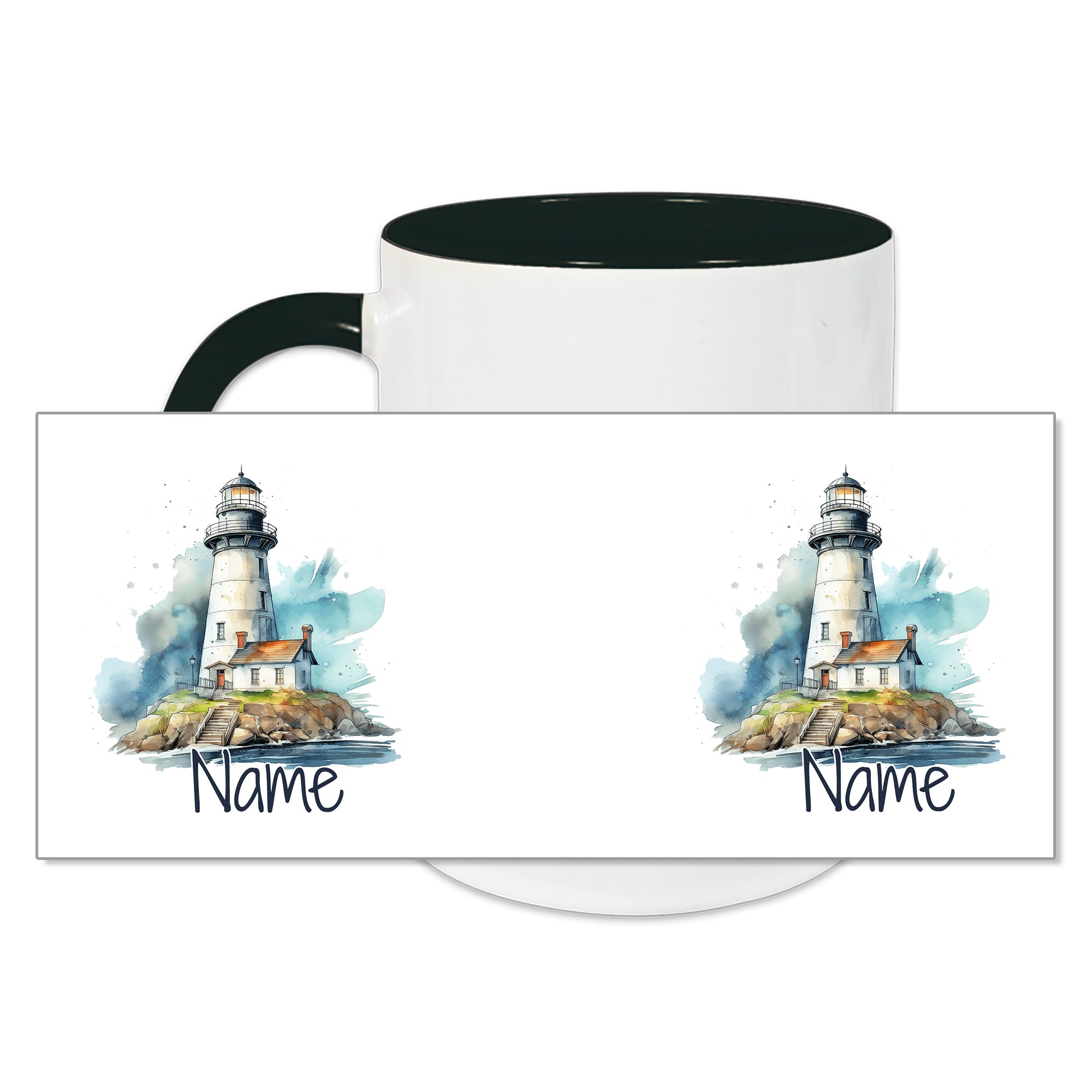Tasse mit grünem Henkel, Leuchtturm-Motiv und Platz für Namen.