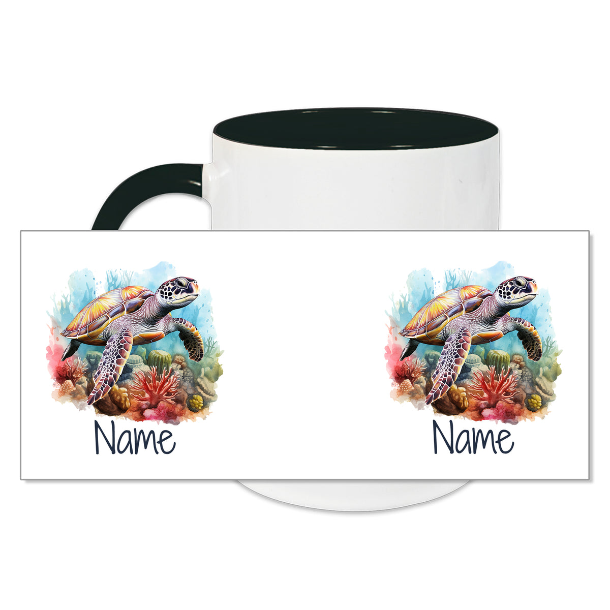 Tasse mit Meeresschildkröte und bunten Korallen, personalisierbar.