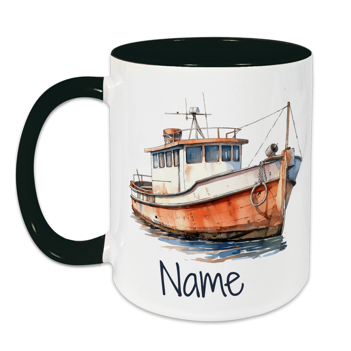Tasse mit grünem Henkel und Fischerboot-Motiv.