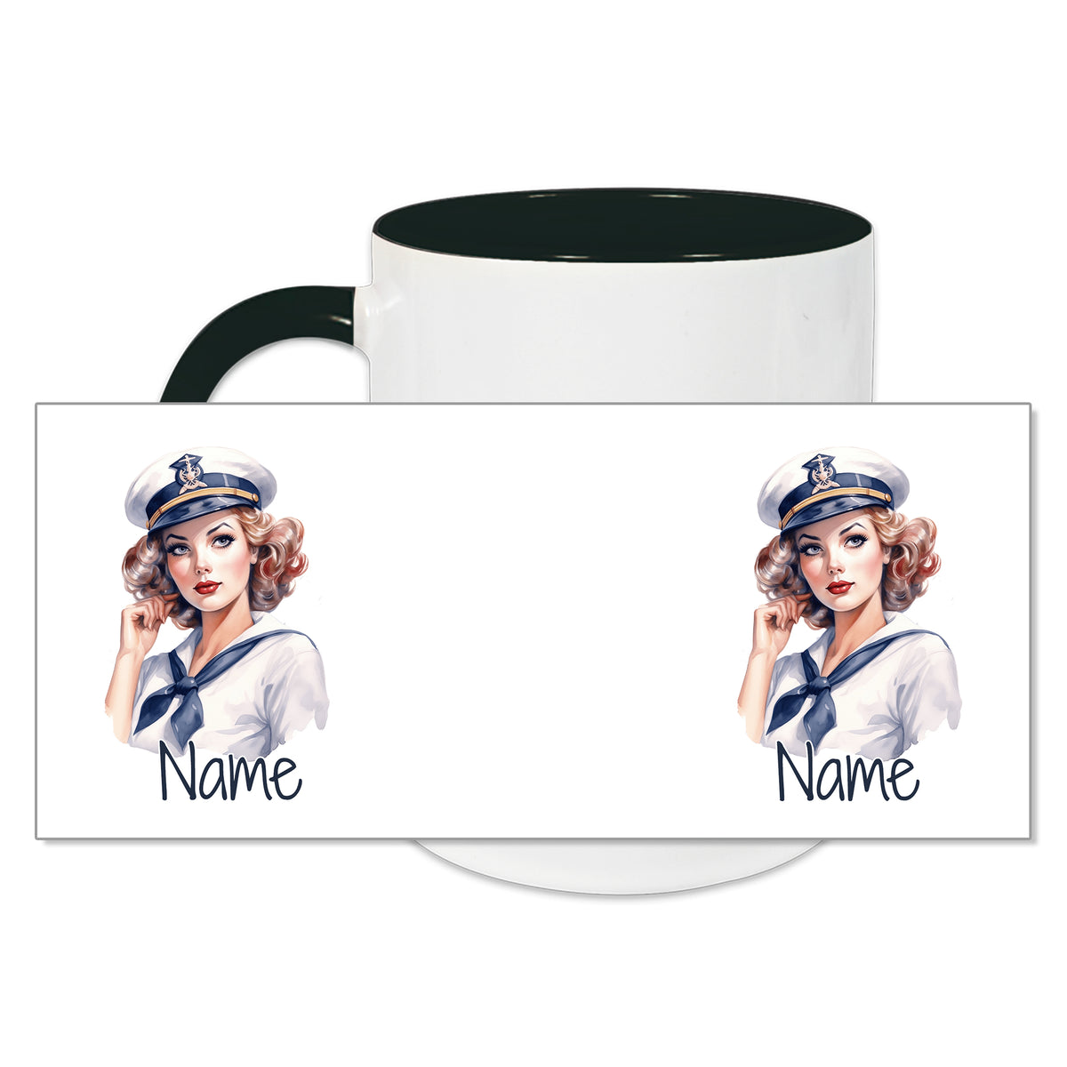 Tasse mit maritimen Motiven und personalisierbarem Namen.