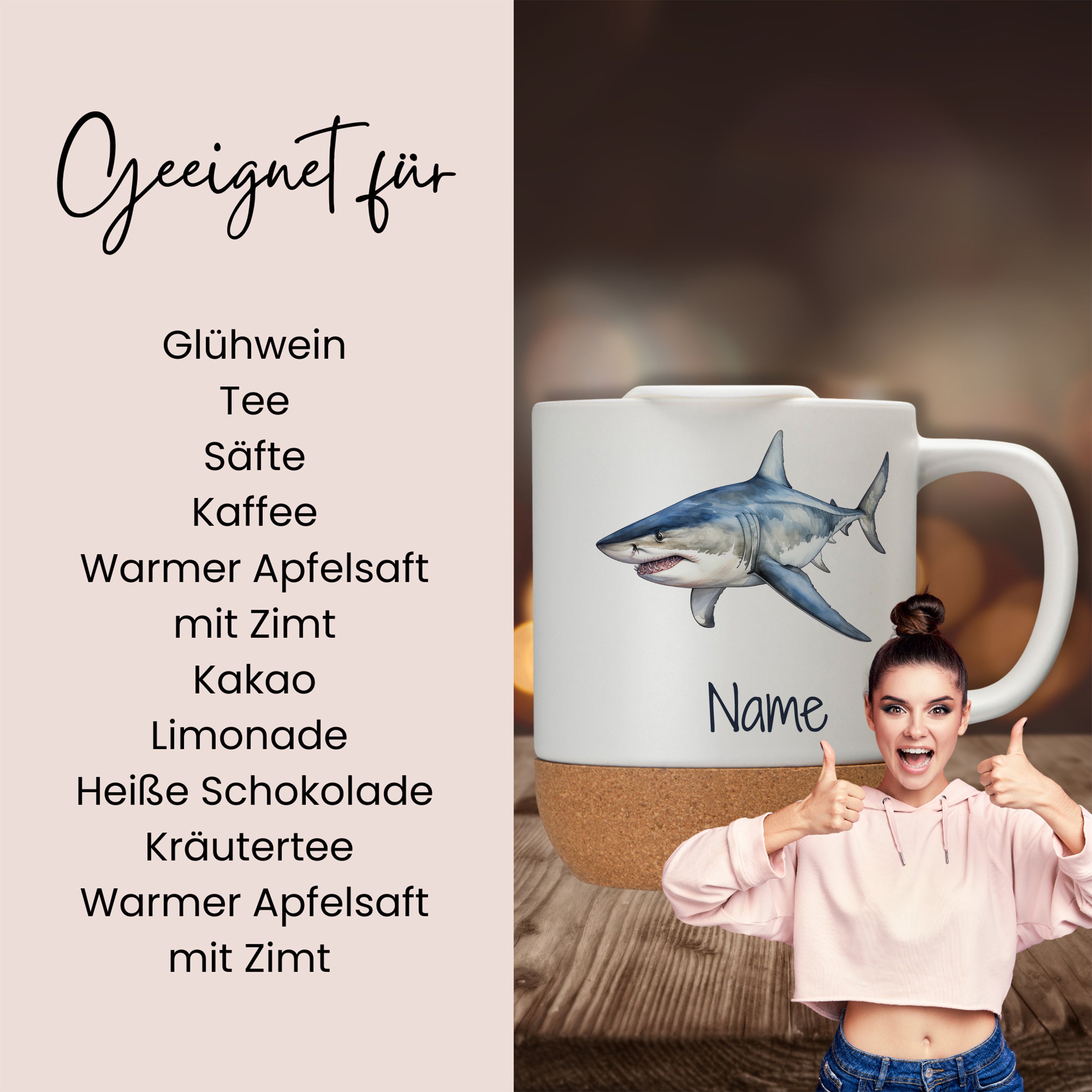 Tasse mit Haifisch-Motiv, beige, für verschiedene Getränke.