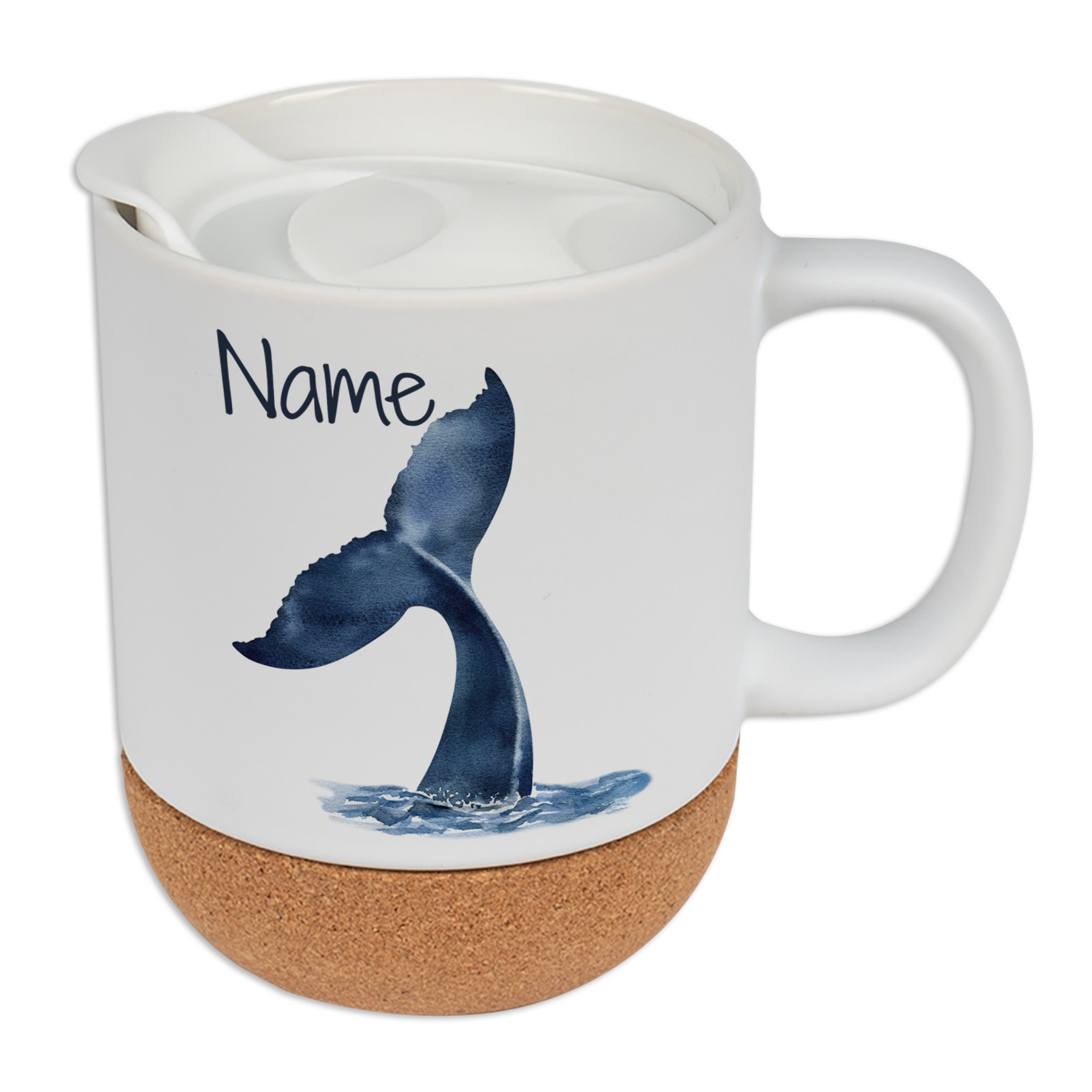 Weißer Becher mit Walfischflosse und Korkboden.