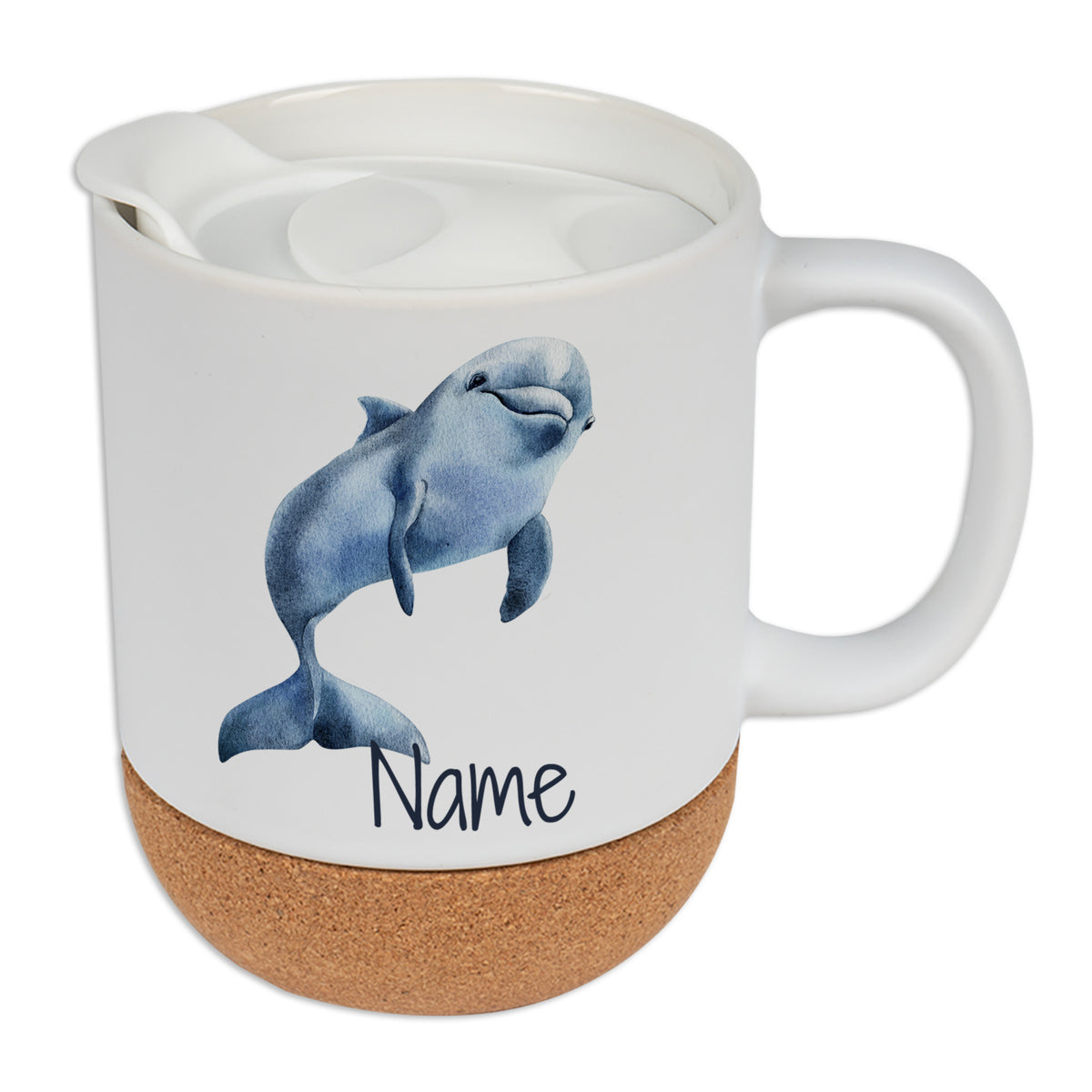 Kaffeetasse mit Wal-Motiv und Korkboden, personalisierbar.