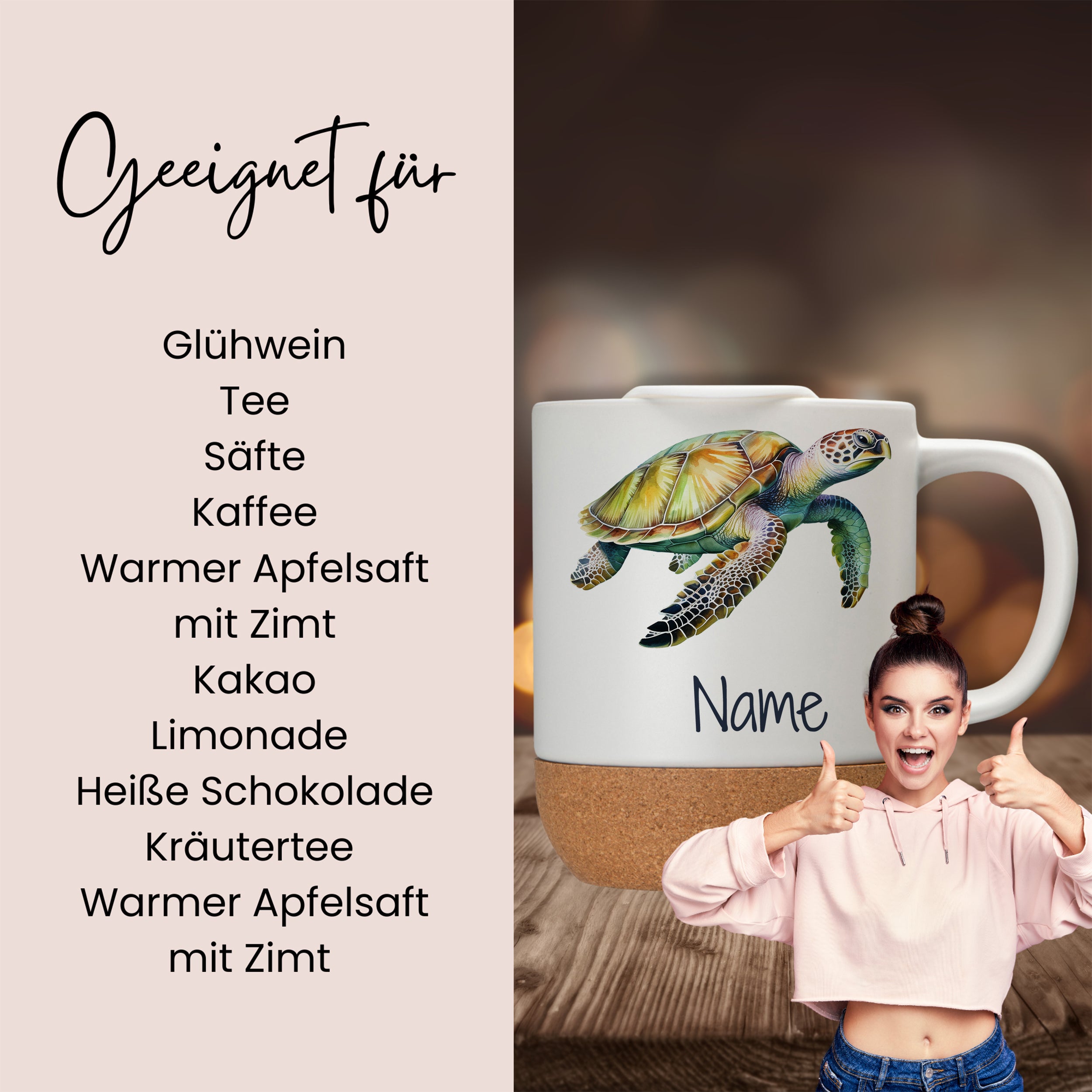 Tasse mit Schildkröte, beige, für verschiedene Getränke.