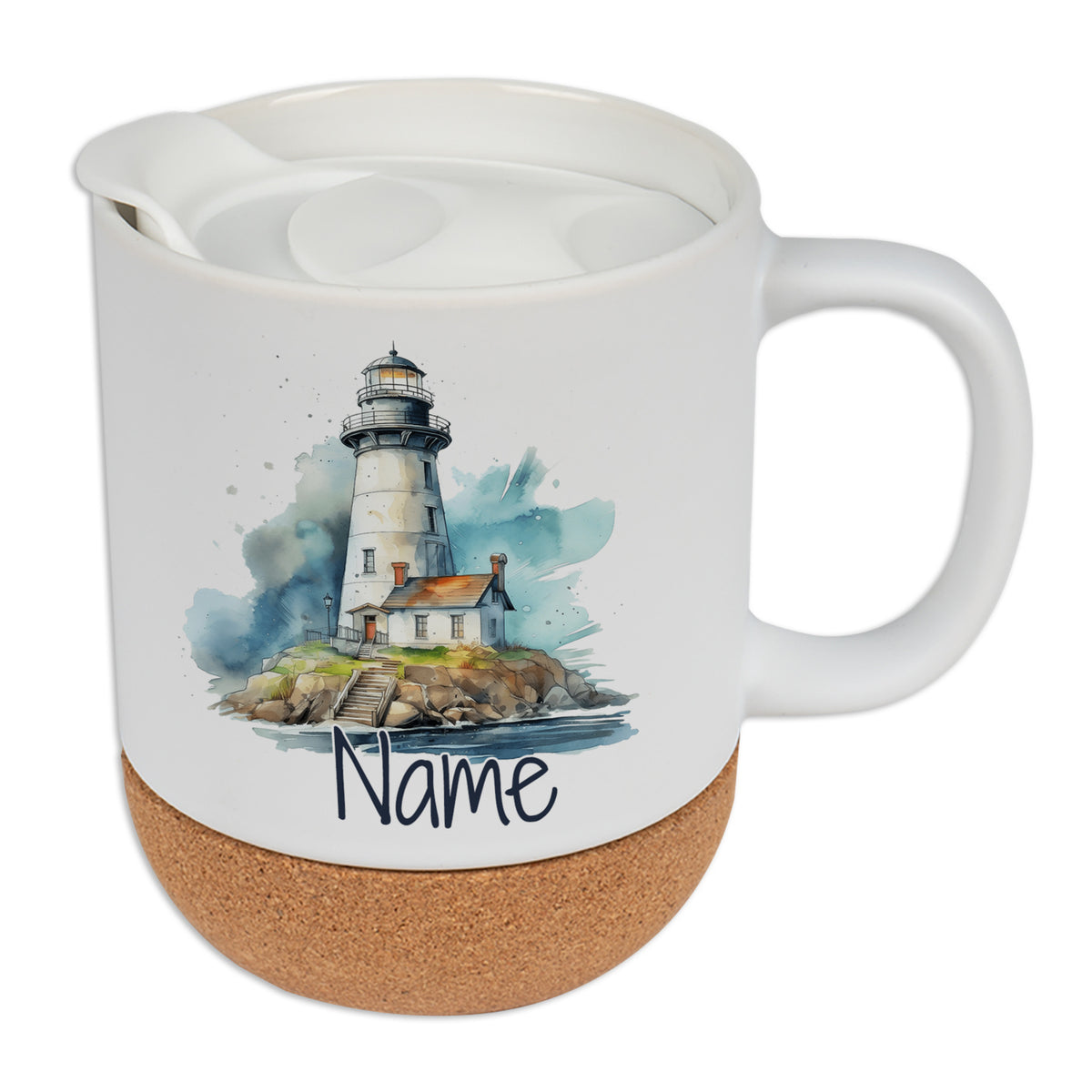 Weißer Becher mit Leuchtturm-Motiv und Korkboden.