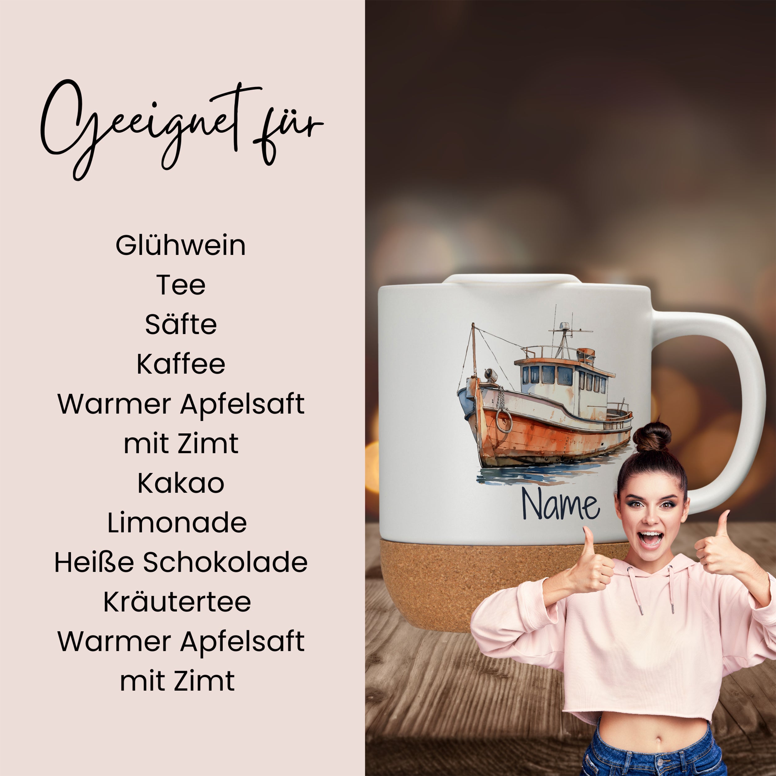 Tasse mit Boot-Motiv, beige, für heiße Getränke.