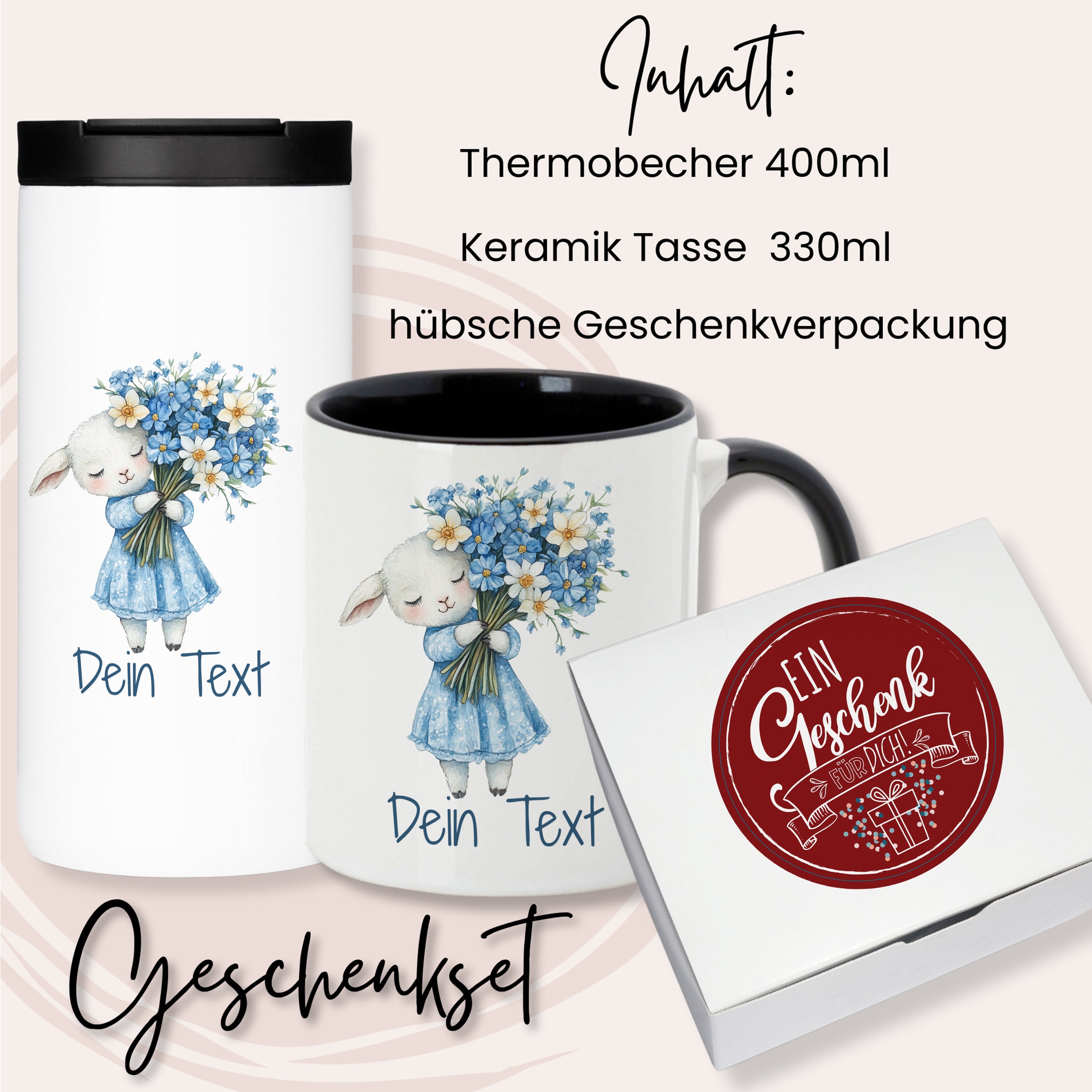 Thermobecher und Keramiktasse im Geschenkset, blauer Hintergrund.