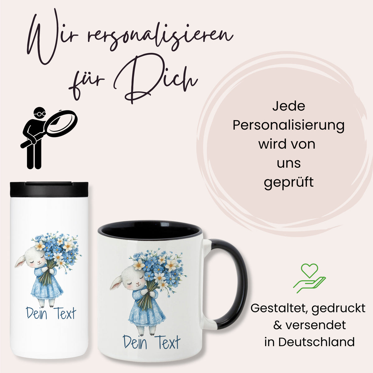 Personalisierbare Tasse und Thermobecher mit buntem Design.