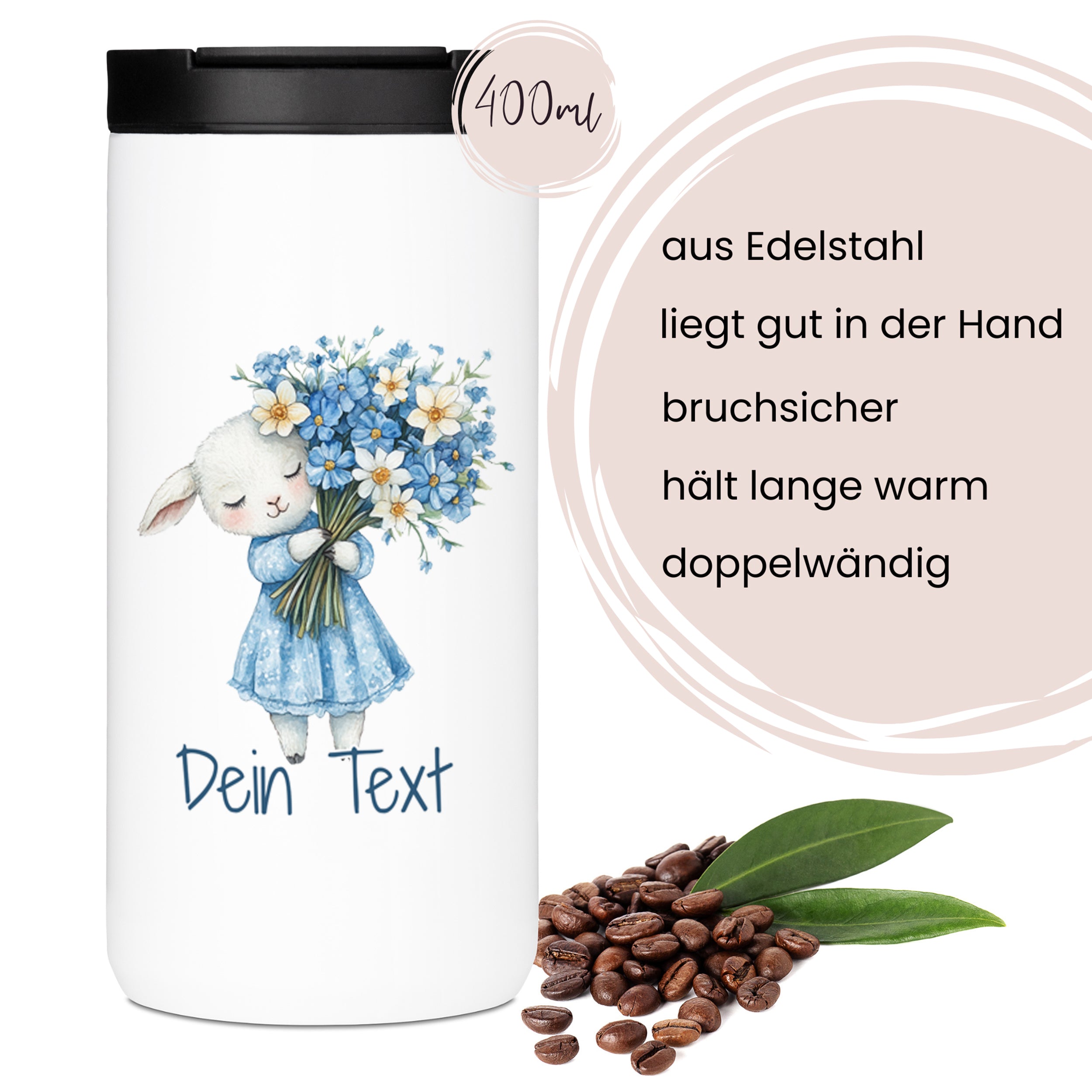 Edelstahl-Thermobecher mit Schaf-Motiv, 400 ml, blau.