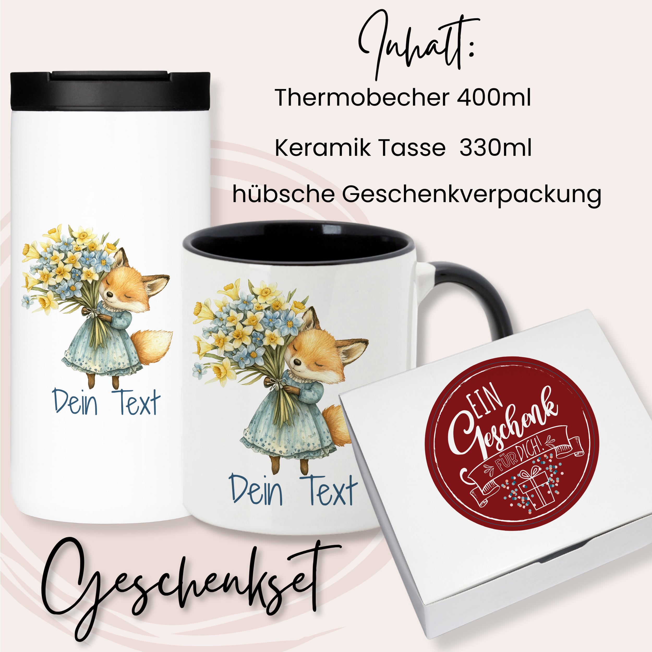 Thermobecher und Keramiktasse mit Fuchs-Motiv, Geschenkset.