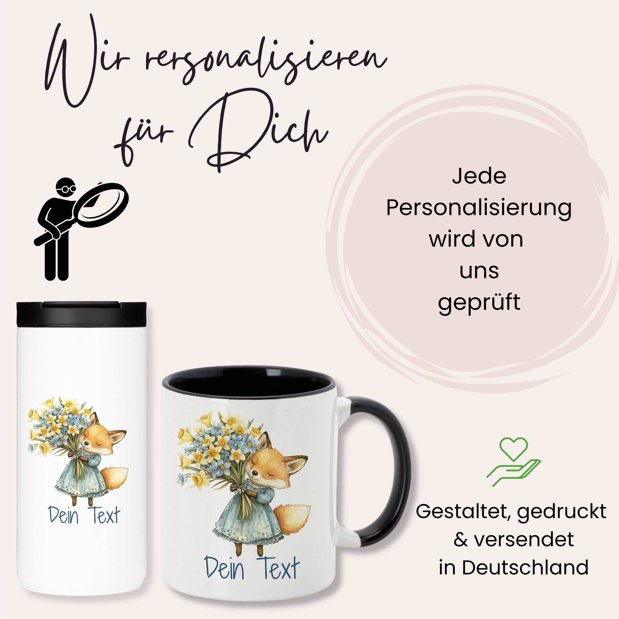 Personalisierbare Tassen mit Fuchs und Blumenmotiv.