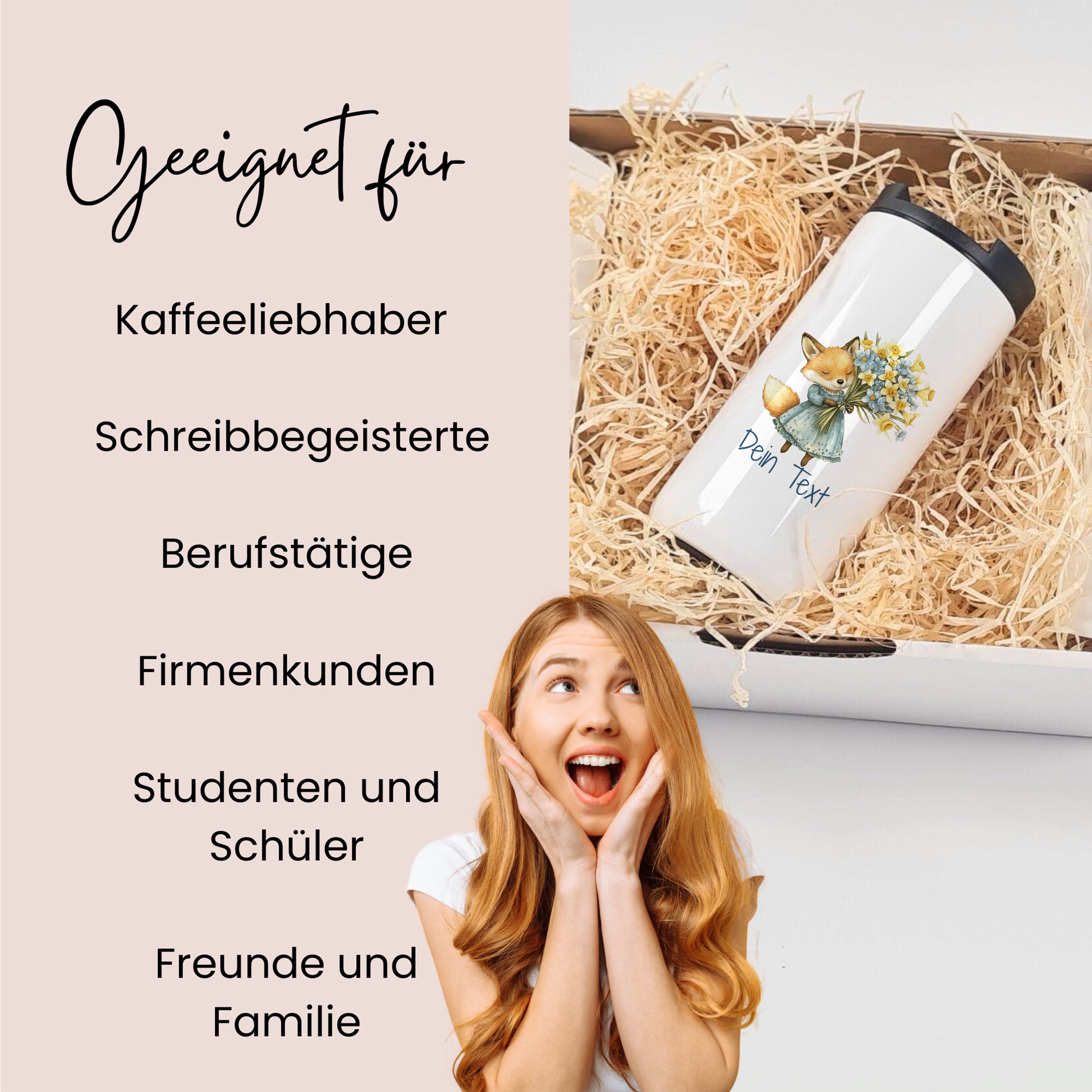 Weißer Kaffeebecher mit buntem Tiermotiv und personalisierbarem Text.
