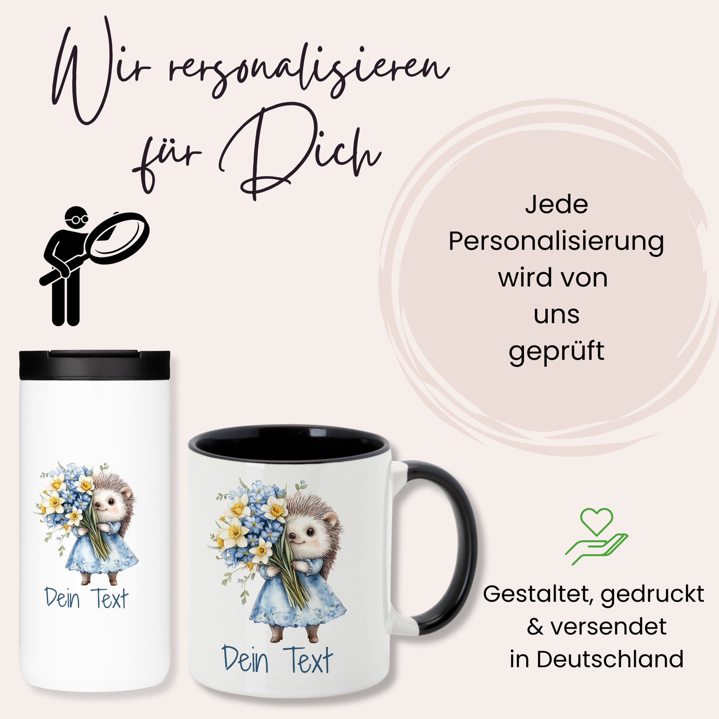 Personalisierbare Tassen in Schwarz und Weiß mit Igel-Motiv.