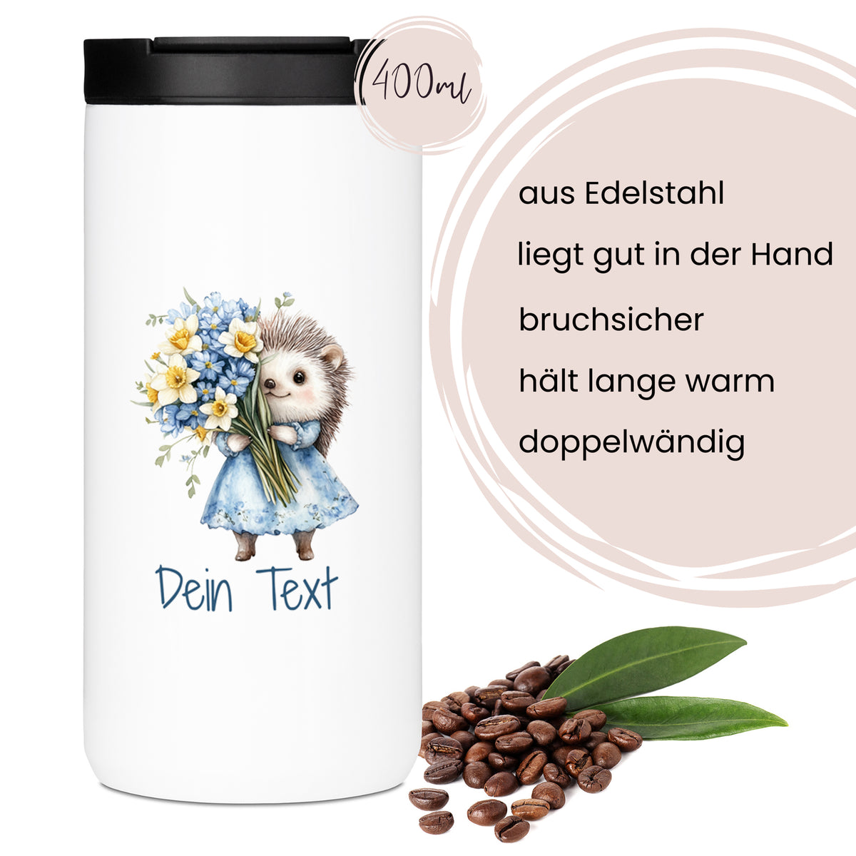 Edelstahl-Thermobecher mit Igel-Motiv, 400ml, doppelwandig.