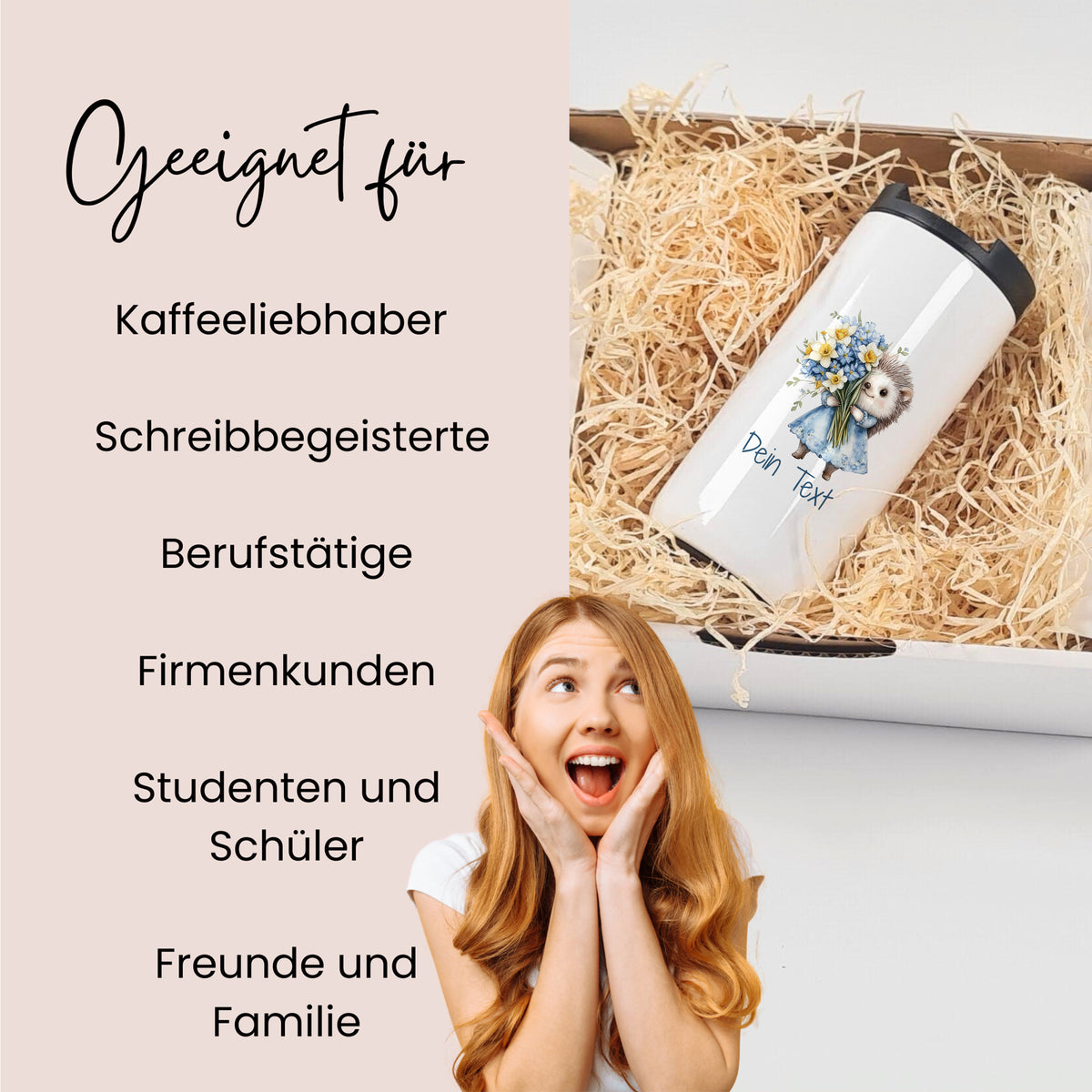 Weißer Kaffeebecher mit buntem Design und Text.