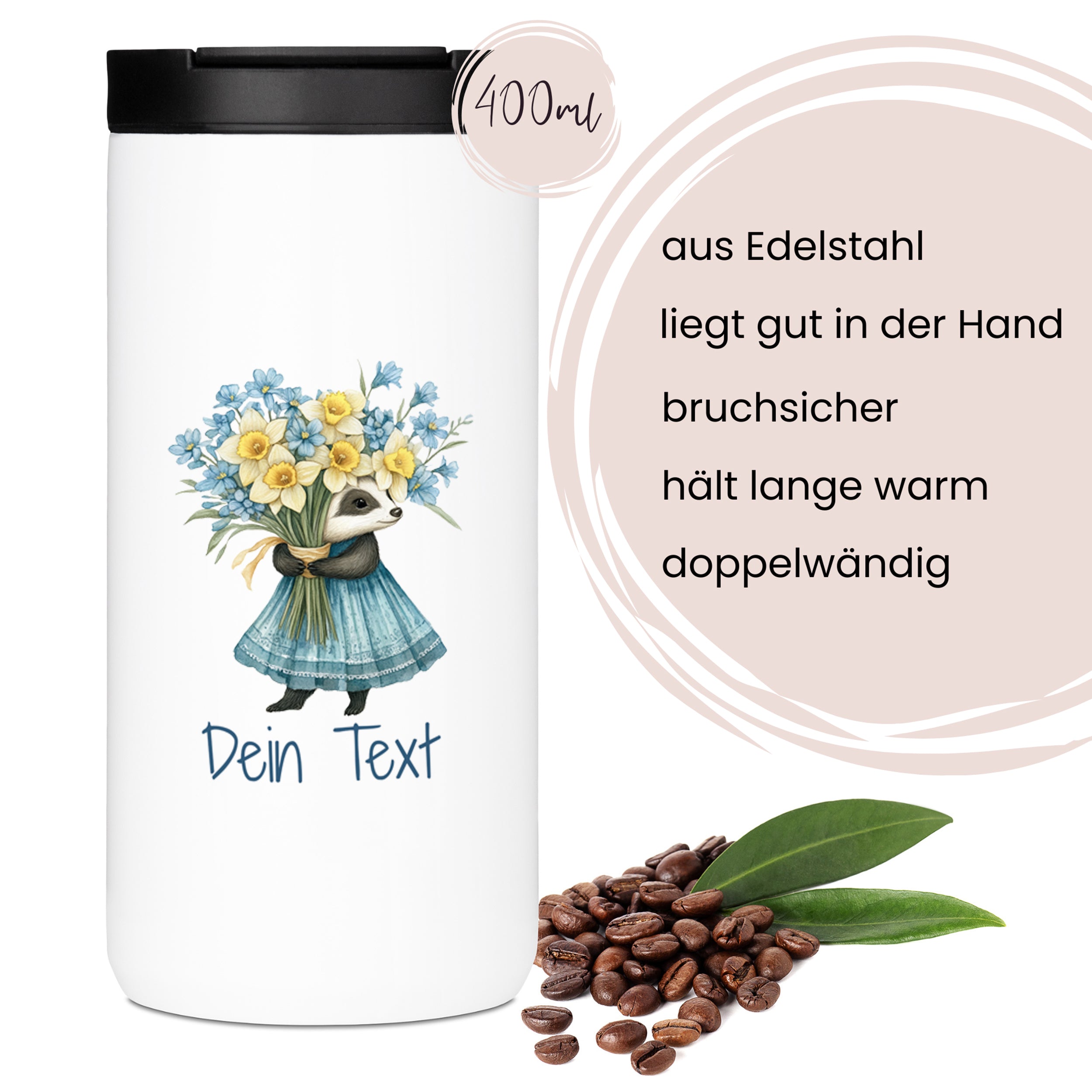 Edelstahlbecher mit buntem Tierdesign, 400ml, doppelwandig.