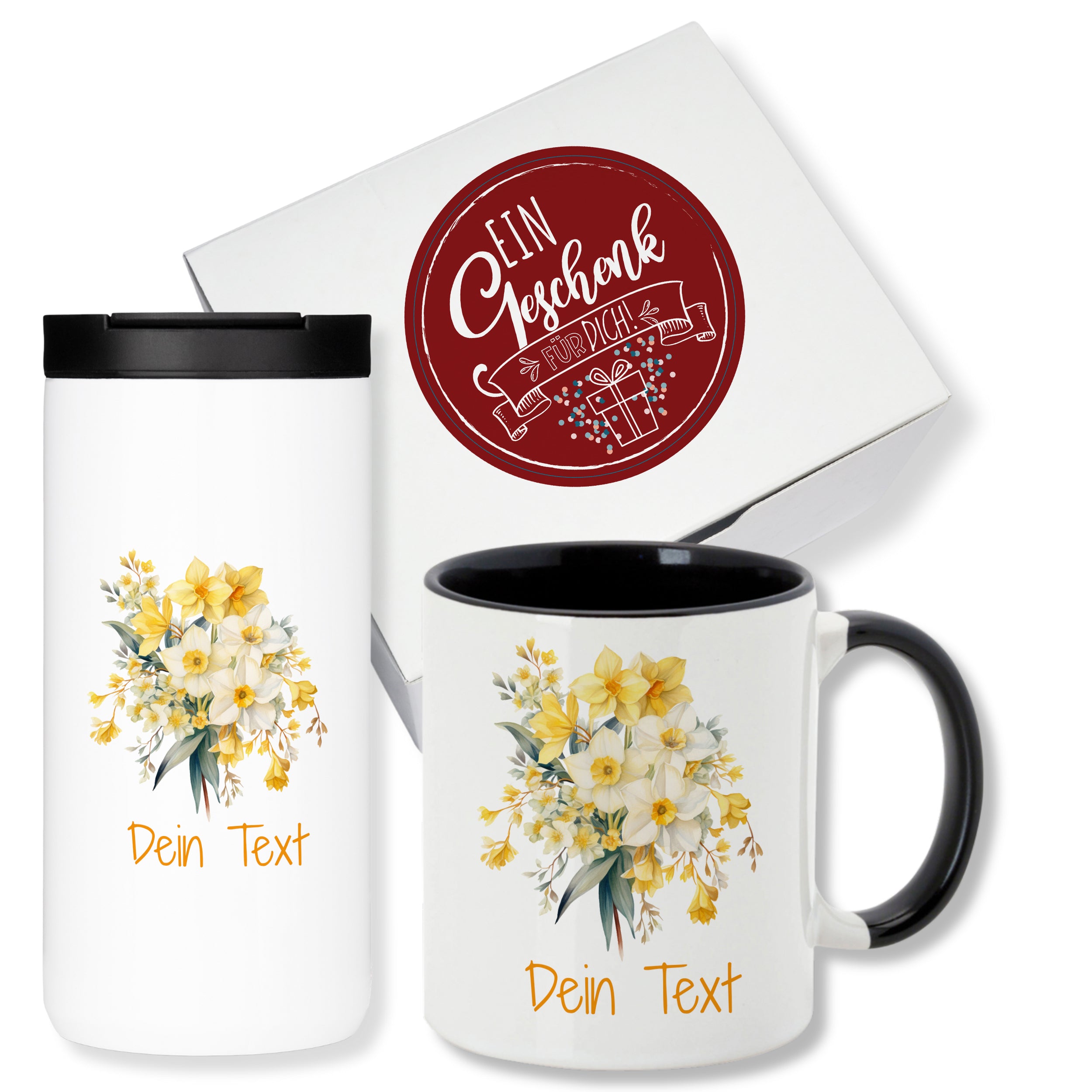 Tasse und Thermobecher mit gelben Blumen und personalisiertem Text.