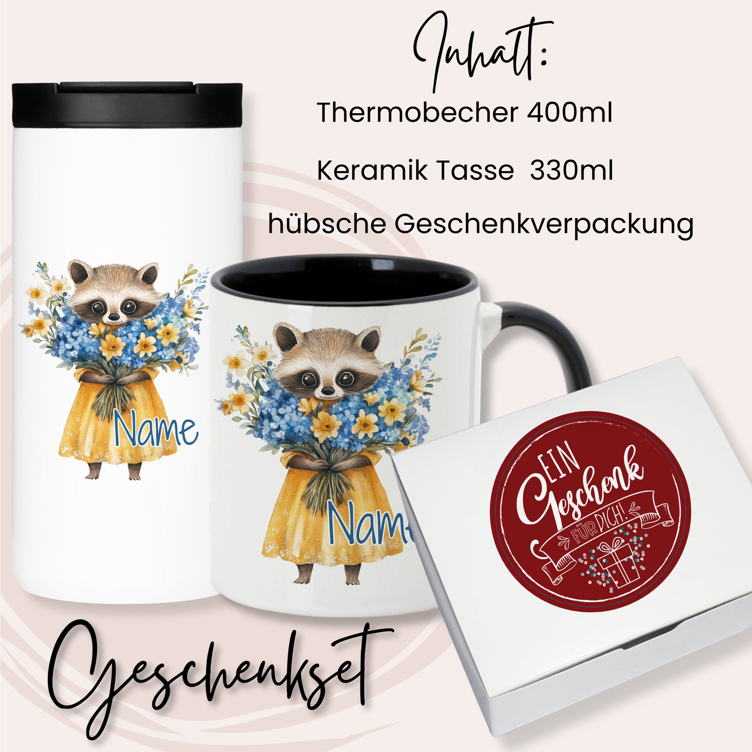 Geschenkset mit Thermobecher und Keramiktasse, Tiermotiv.
