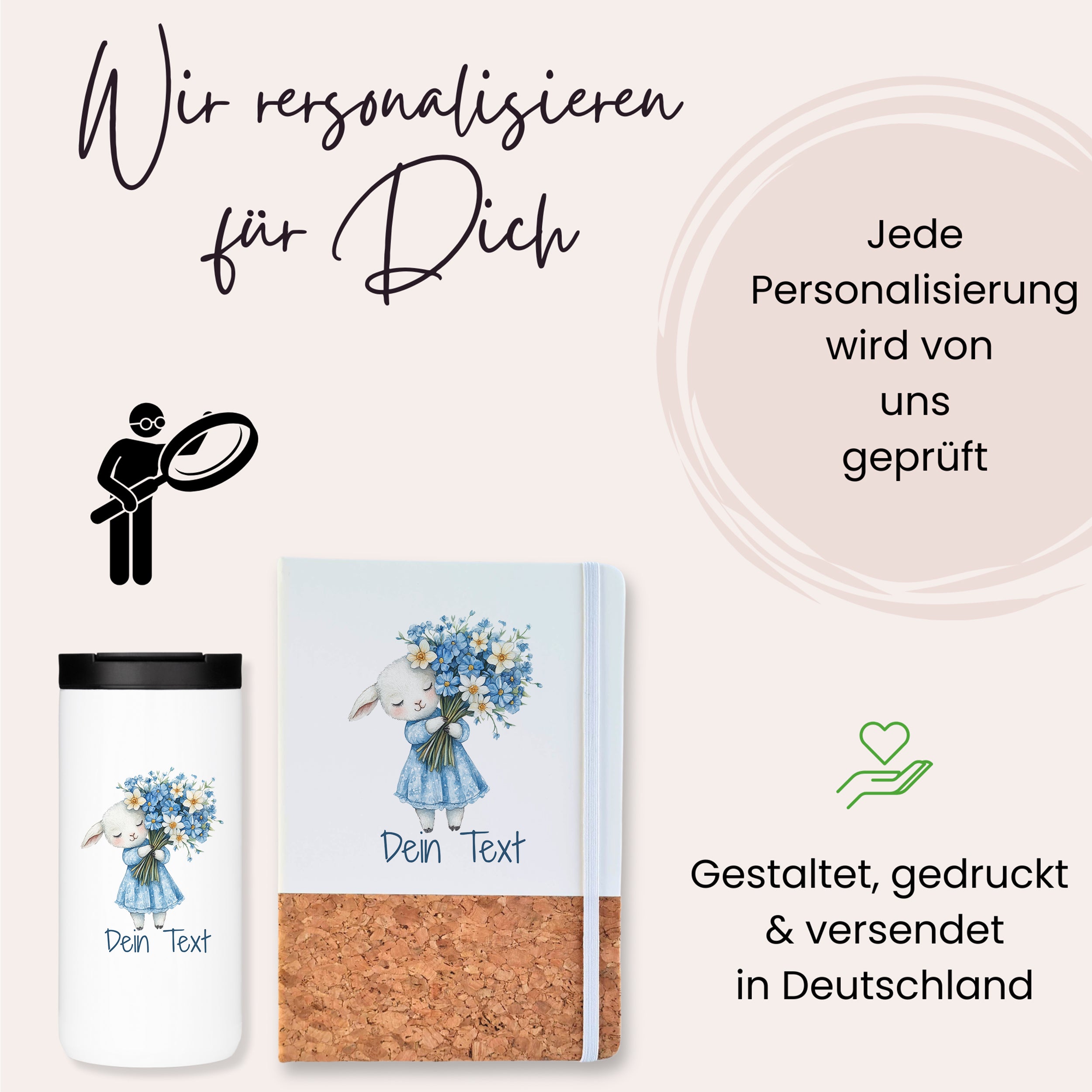 Personalisierte Tasse und Notizbuch mit Blumenmotiv.