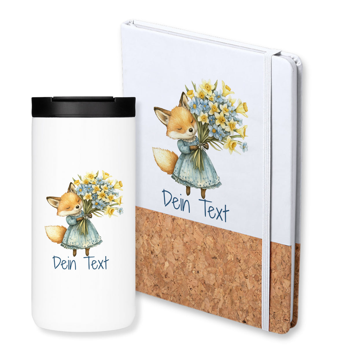 Weißer Becher und Notizbuch mit Fuchs und Blumenmotiv.