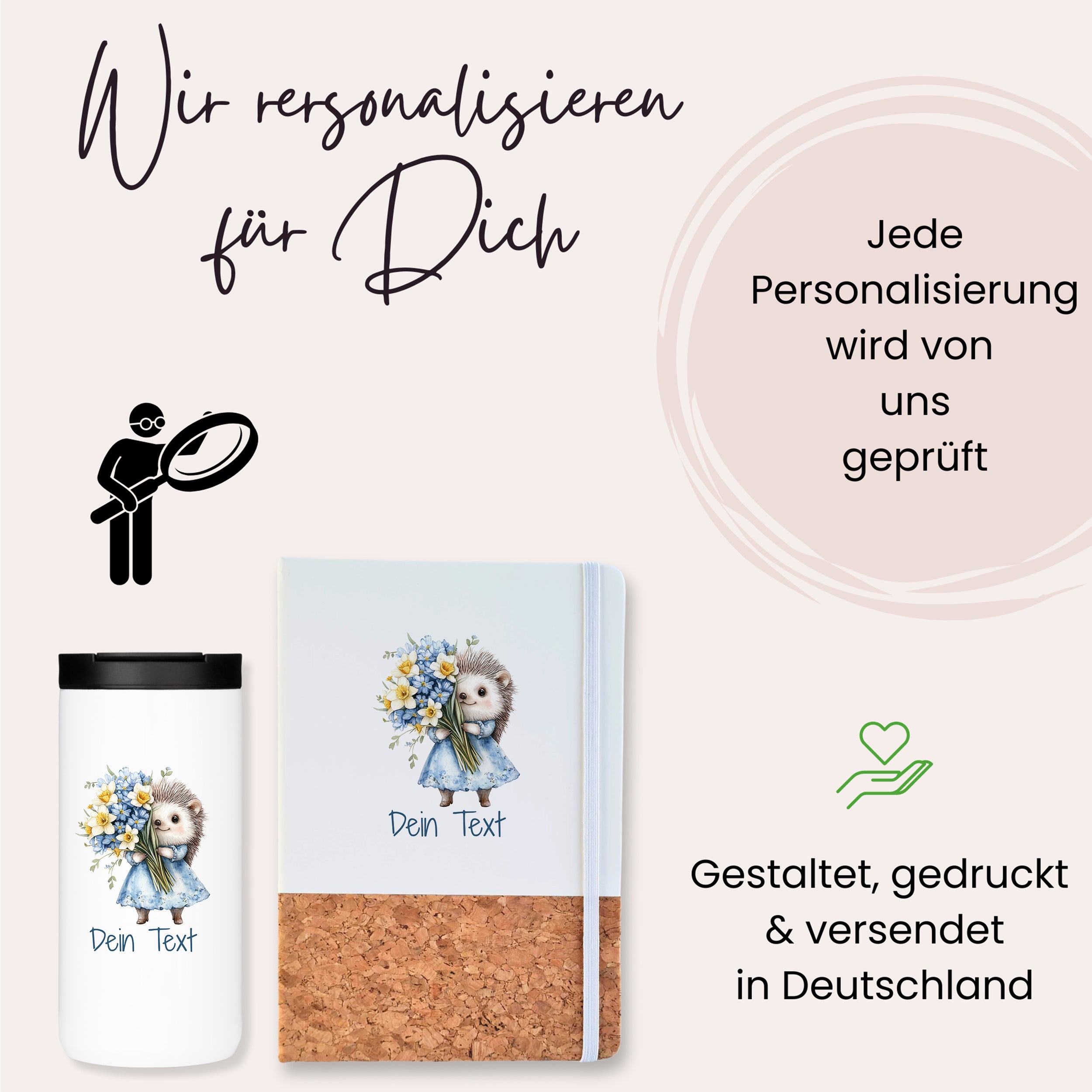 Personalisierte Tasse und Notizbuch mit Tiermotiv.