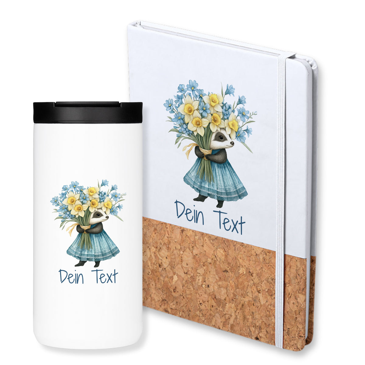 Weißer Becher und Notizbuch mit Blumenmotiv und personalisiertem Text.