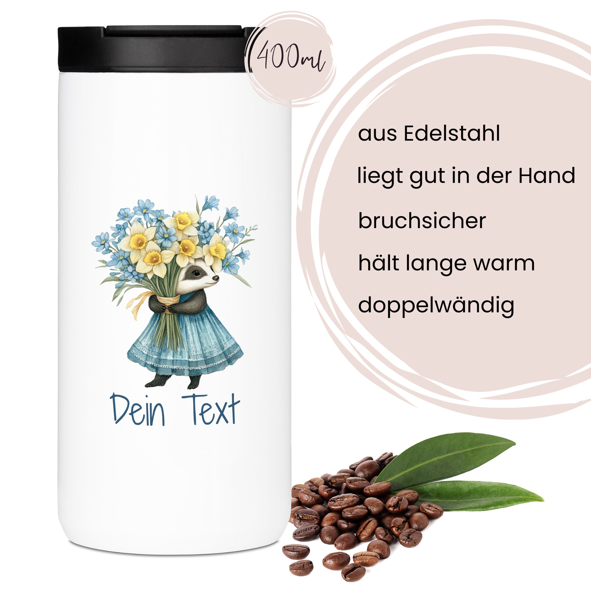 Edelstahl-Thermobecher mit Blumenmotiv, 400ml, doppelwandig.
