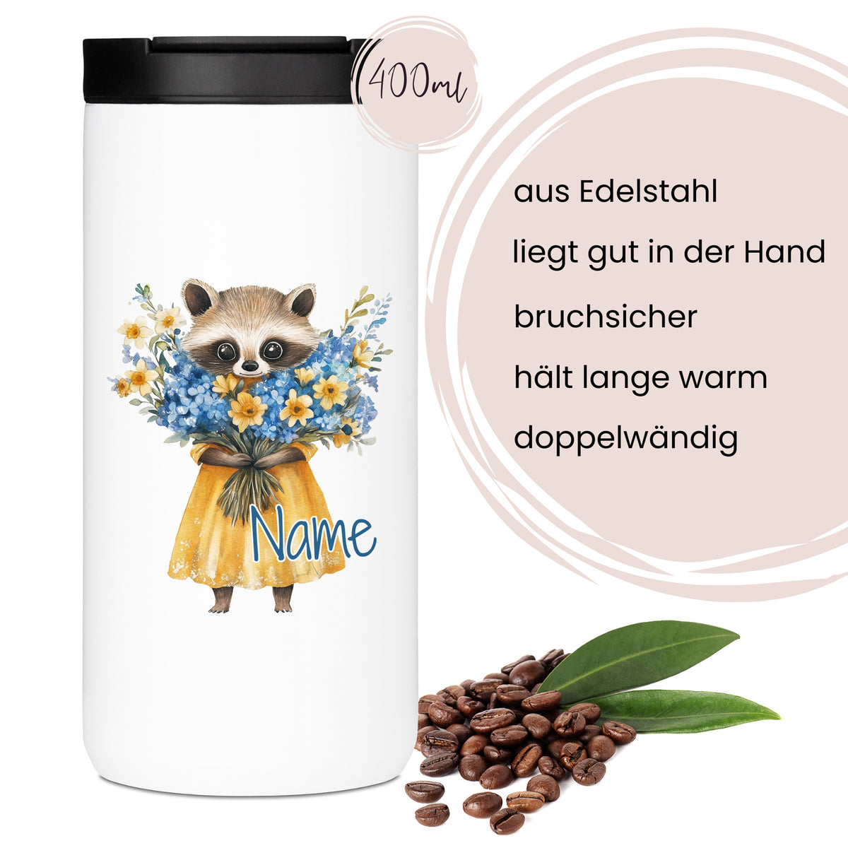 Edelstahl-Thermobecher mit Waschbär-Motiv, 400 ml, doppelwandig.