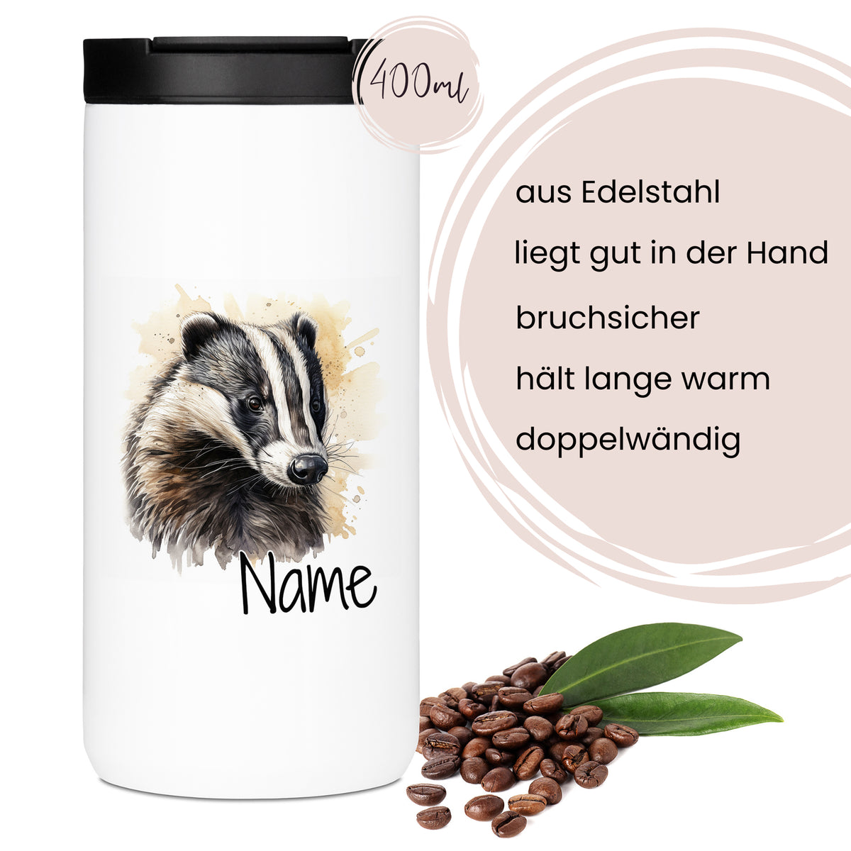 Edelstahl-Thermobecher mit Dachs-Motiv, 400ml, bruchsicher.