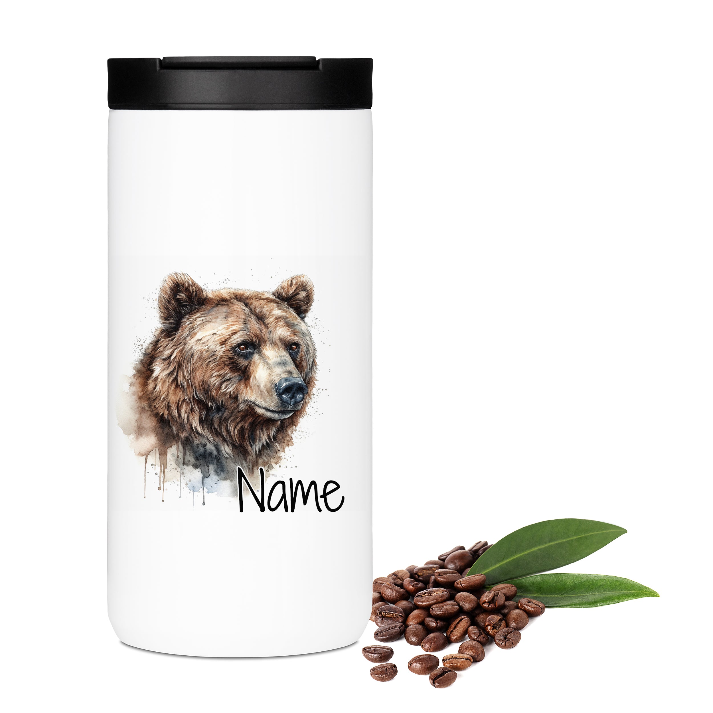 Weißer Thermobecher mit Bärenmotiv und personalisierbarem Namen.