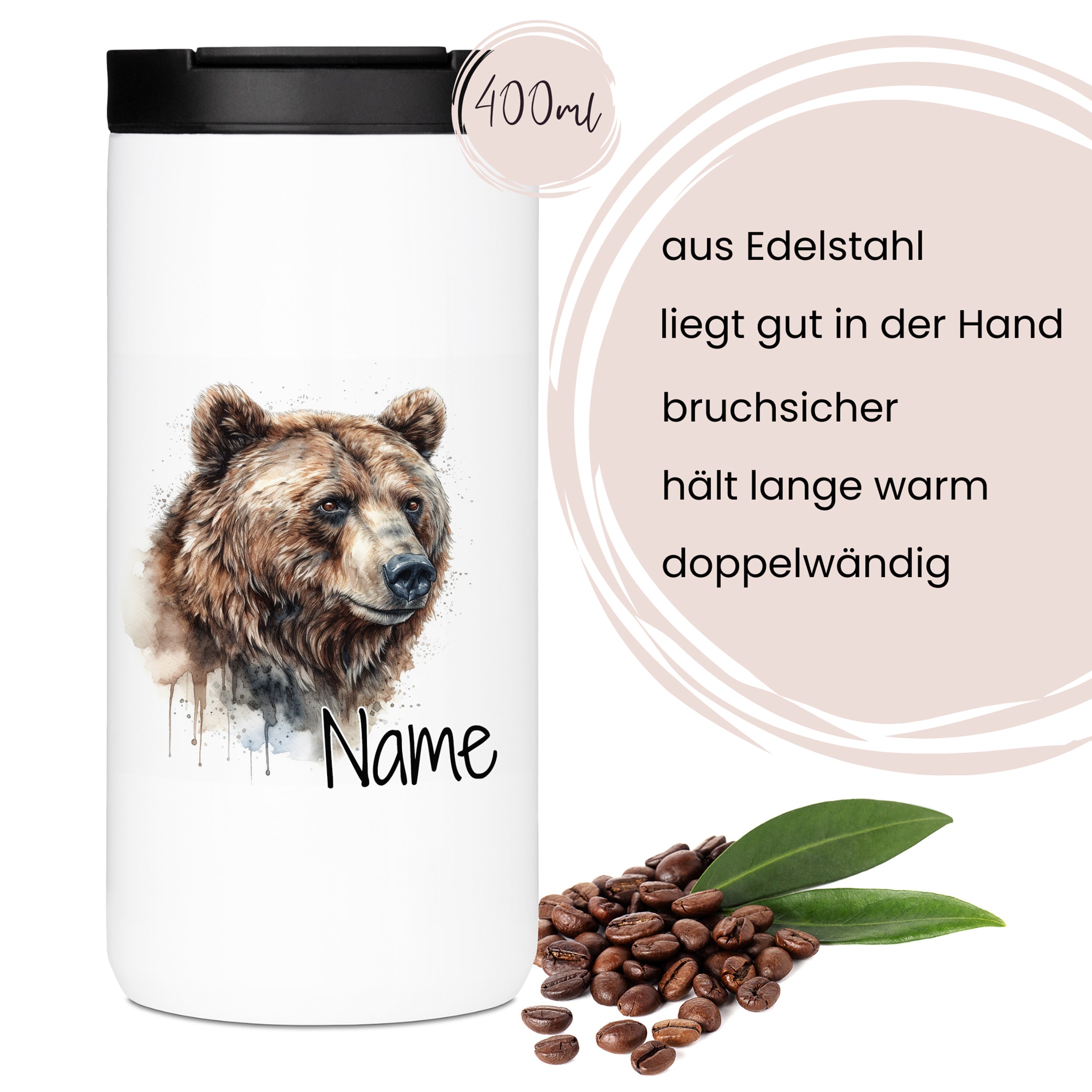Edelstahlbecher mit Bärenmotiv, 400ml, doppelwandig.