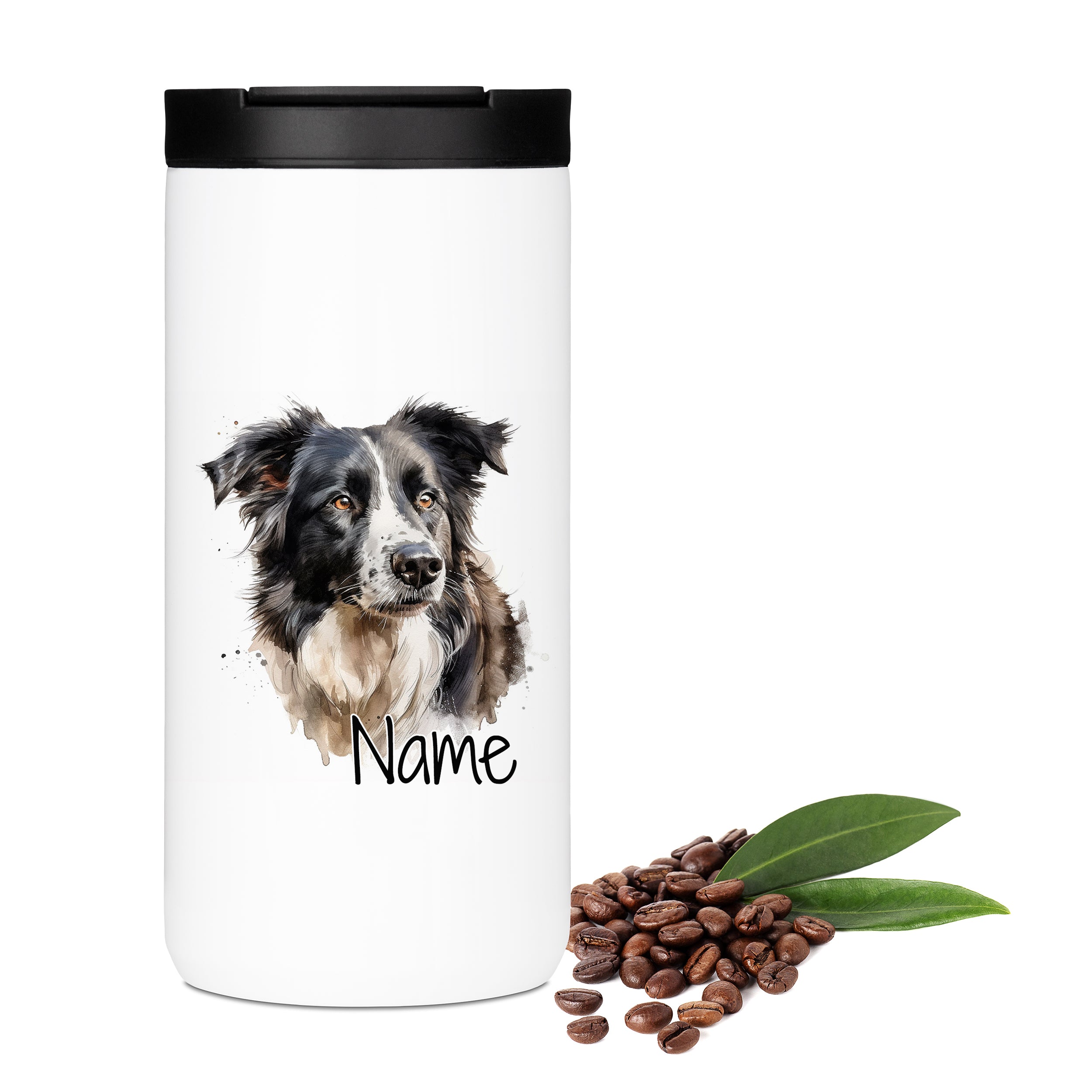 Weißer Becher mit Border Collie-Motiv und personalisierbarem Namen.