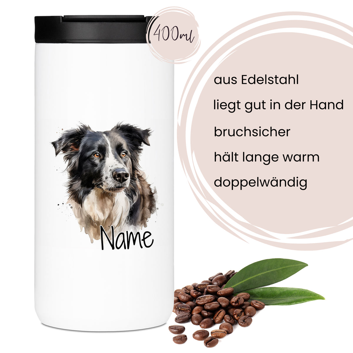 Edelstahlbecher mit Hundemotiv, 400ml, doppelwandig, bruchsicher.