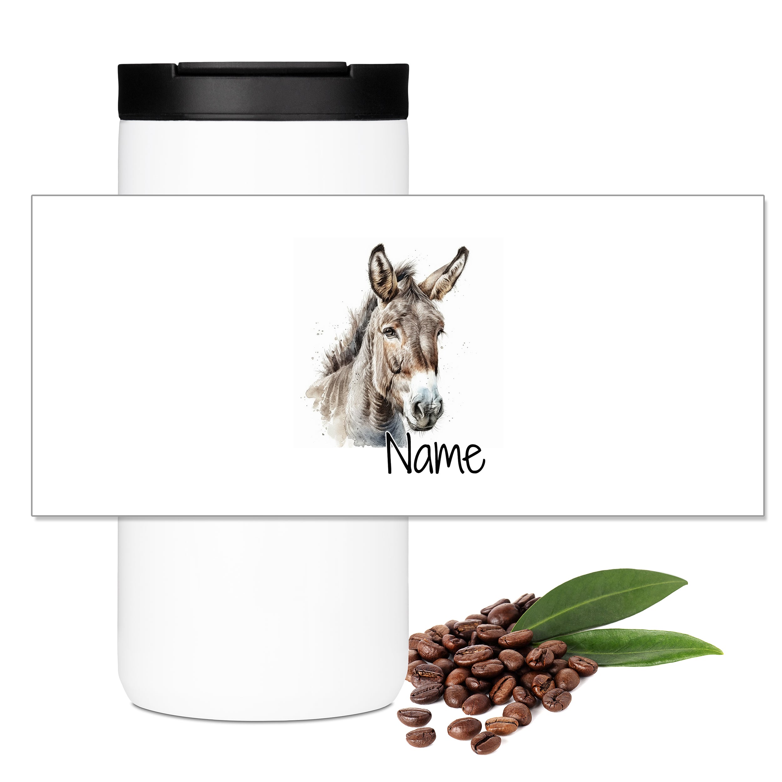 Weißer Becher mit Esel-Motiv und personalisierbarem Namen.