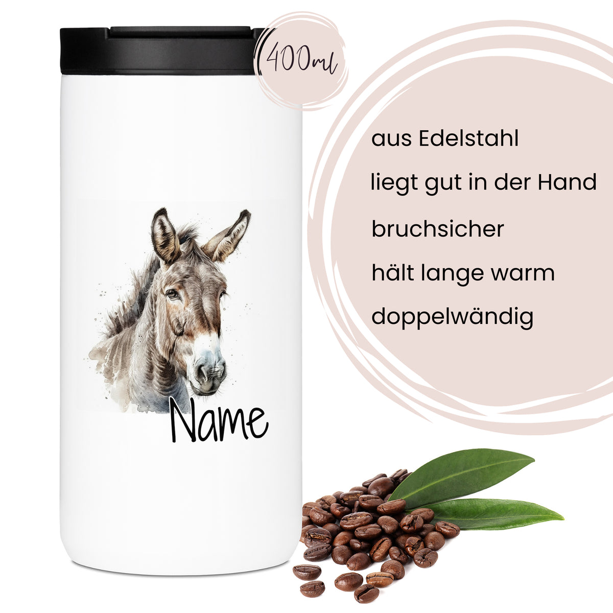Edelstahlbecher mit Eselmotiv, 400 ml, bruchsicher, doppelwandig.