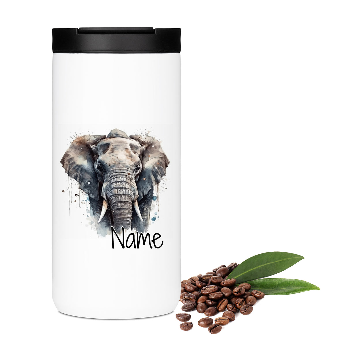 Weißer Kaffeebecher mit Elefantenmotiv und personalisierbarem Namen.