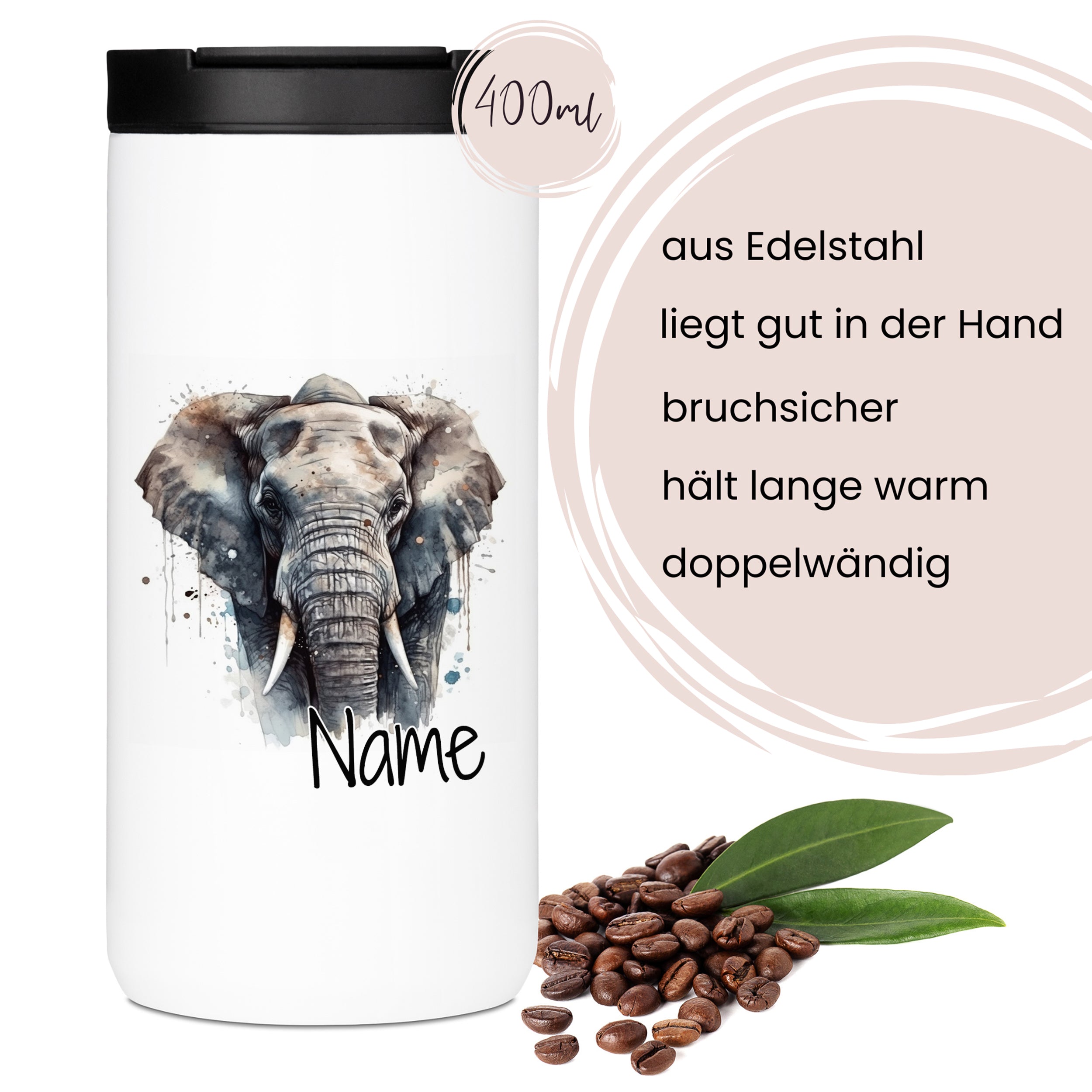 Edelstahlbecher mit Elefantenmotiv, 400ml, bruchsicher.