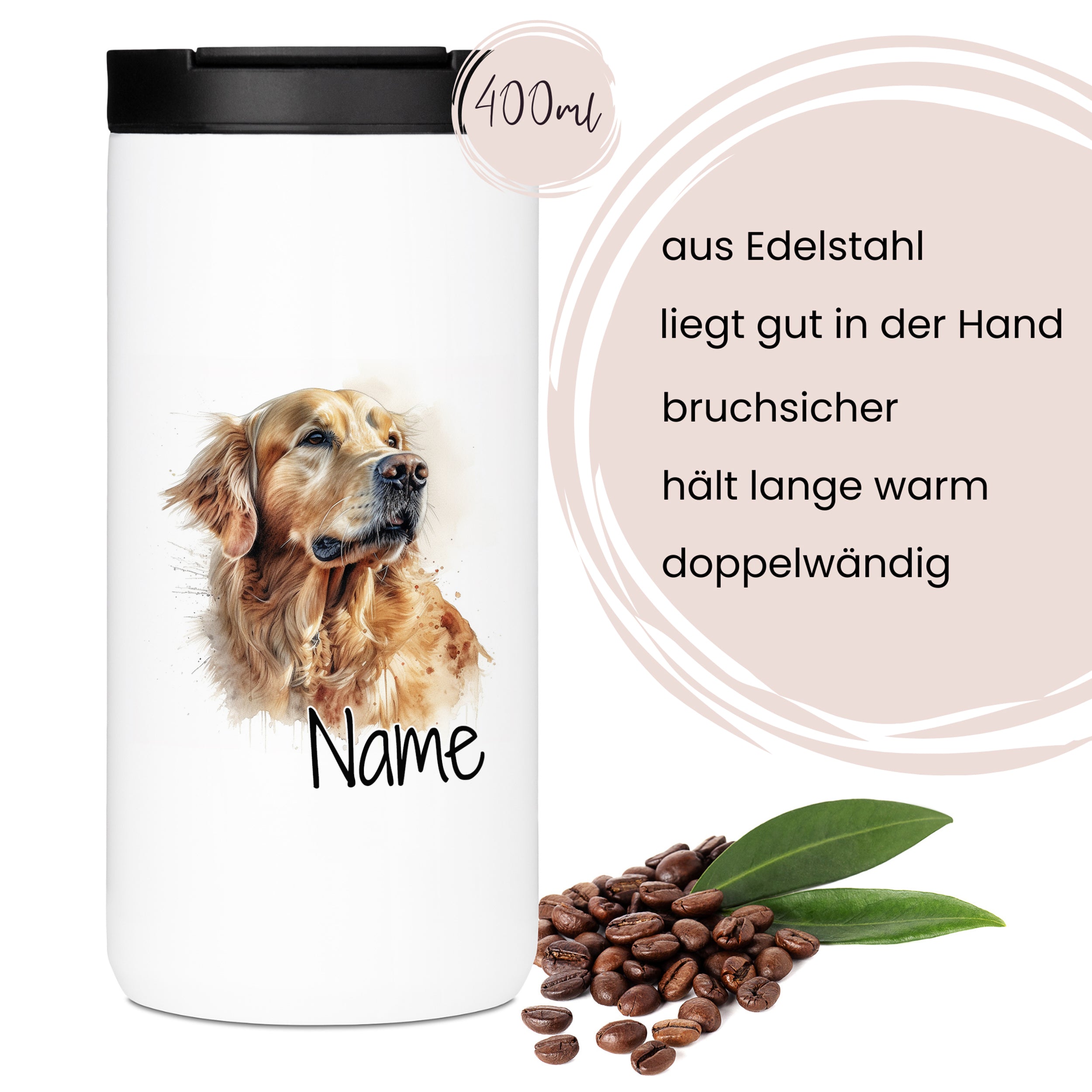 Edelstahlbecher mit Golden Retriever-Motiv, 400 ml, doppelwandig.