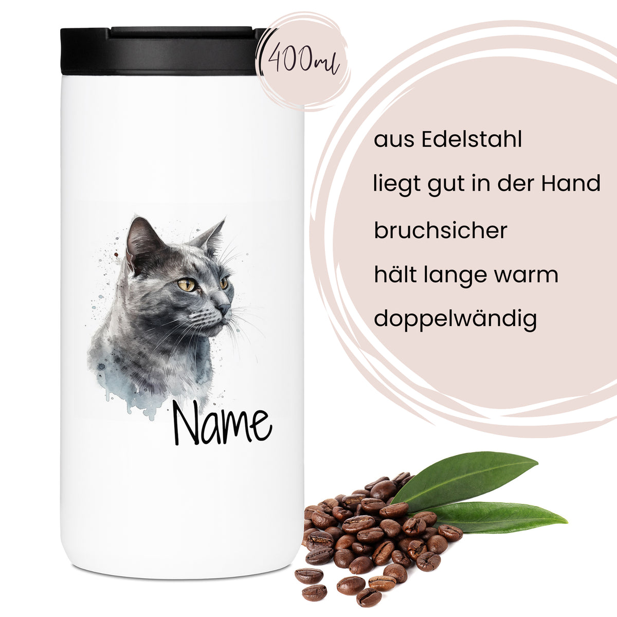Edelstahlbecher mit Katzenmotiv, 400ml, doppelwandig.
