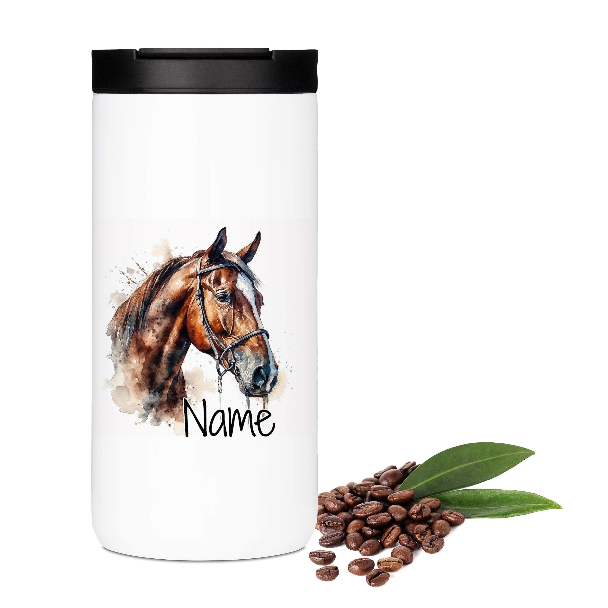 Weißer Thermobecher mit Pferdemotiv und personalisierbarem Namen.