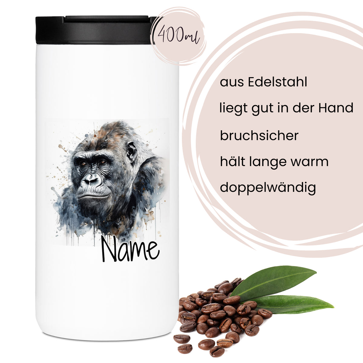 Edelstahlbecher mit Gorilla-Motiv, 400ml, doppelwandig.