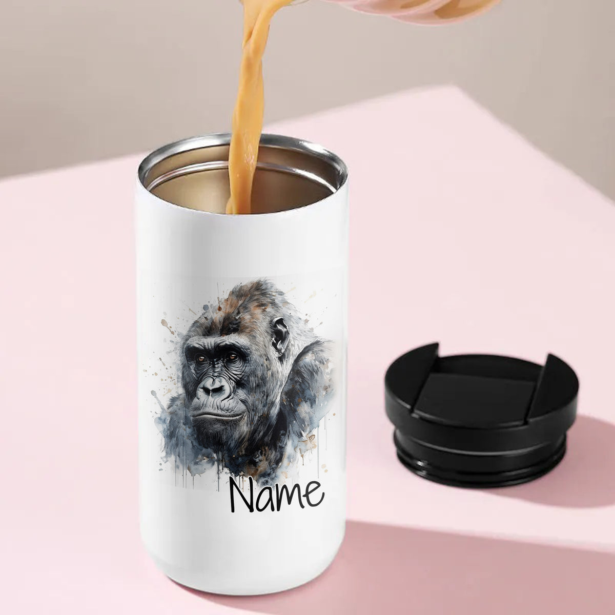 Weiße Thermoskanne mit Gorilla-Motiv und personalisierbarem Namen.