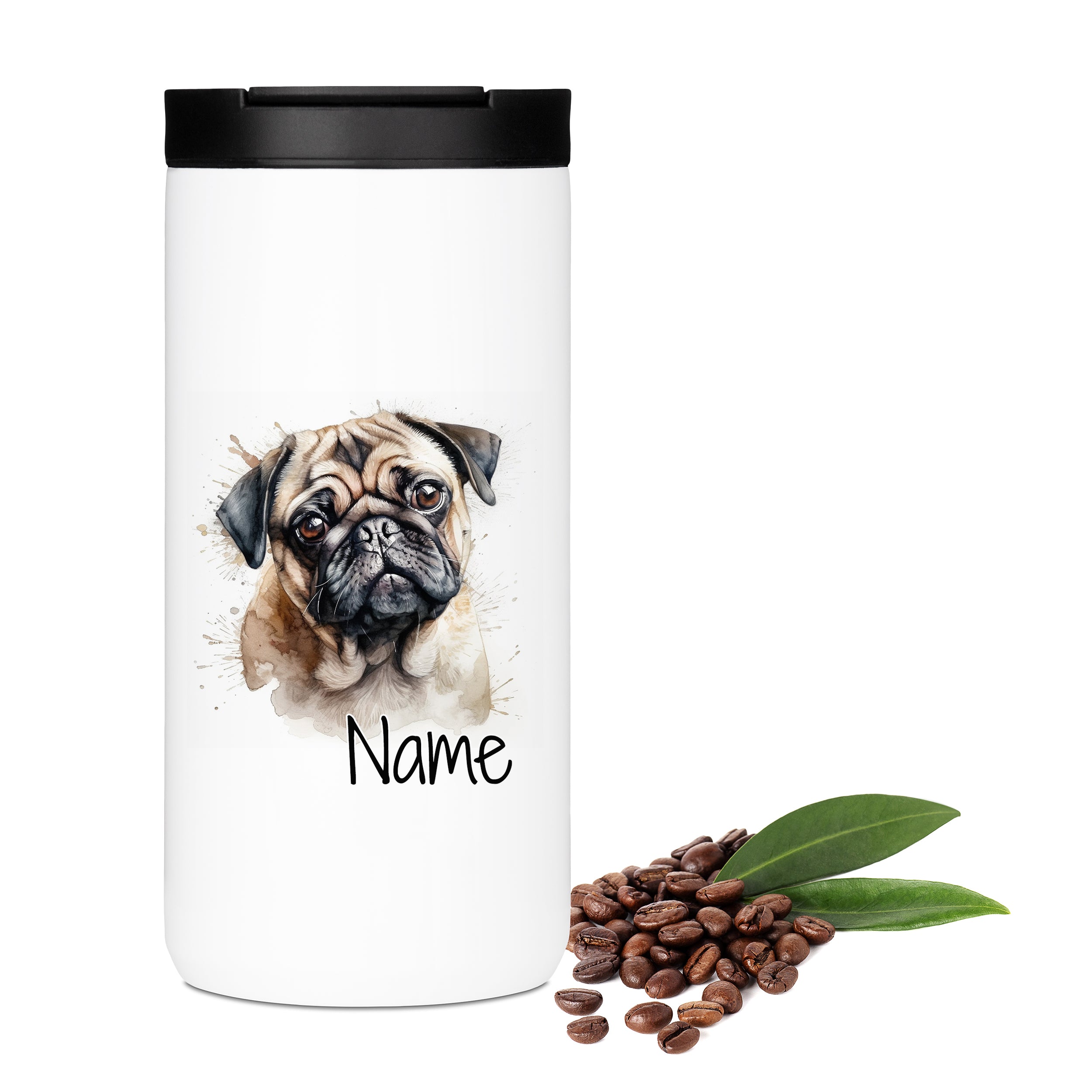 Weißer Becher mit Pug-Motiv und Platz für Namen.