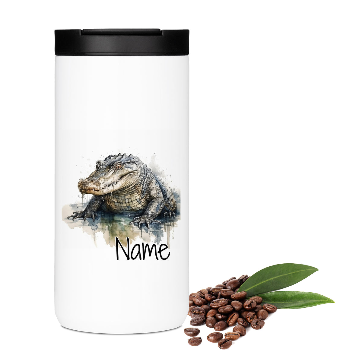 Weißer Kaffeebecher mit Alligator-Illustration und personalisierbarem Namen.
